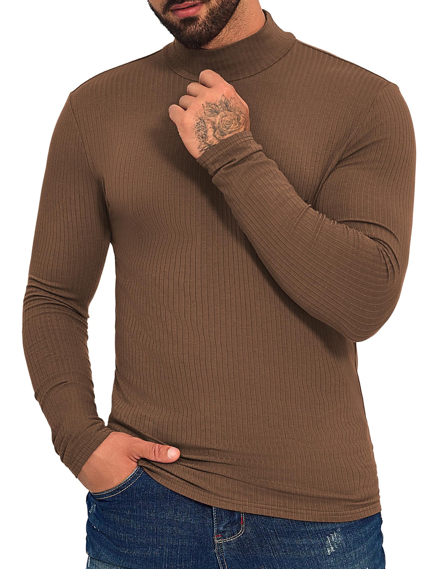 ZAFUL Mens Long Sleeve Turtleneck Undershirt Casual Knit Pullover Thermal Sweater Shirts Ribbed Tee for Fall Winter Brown L