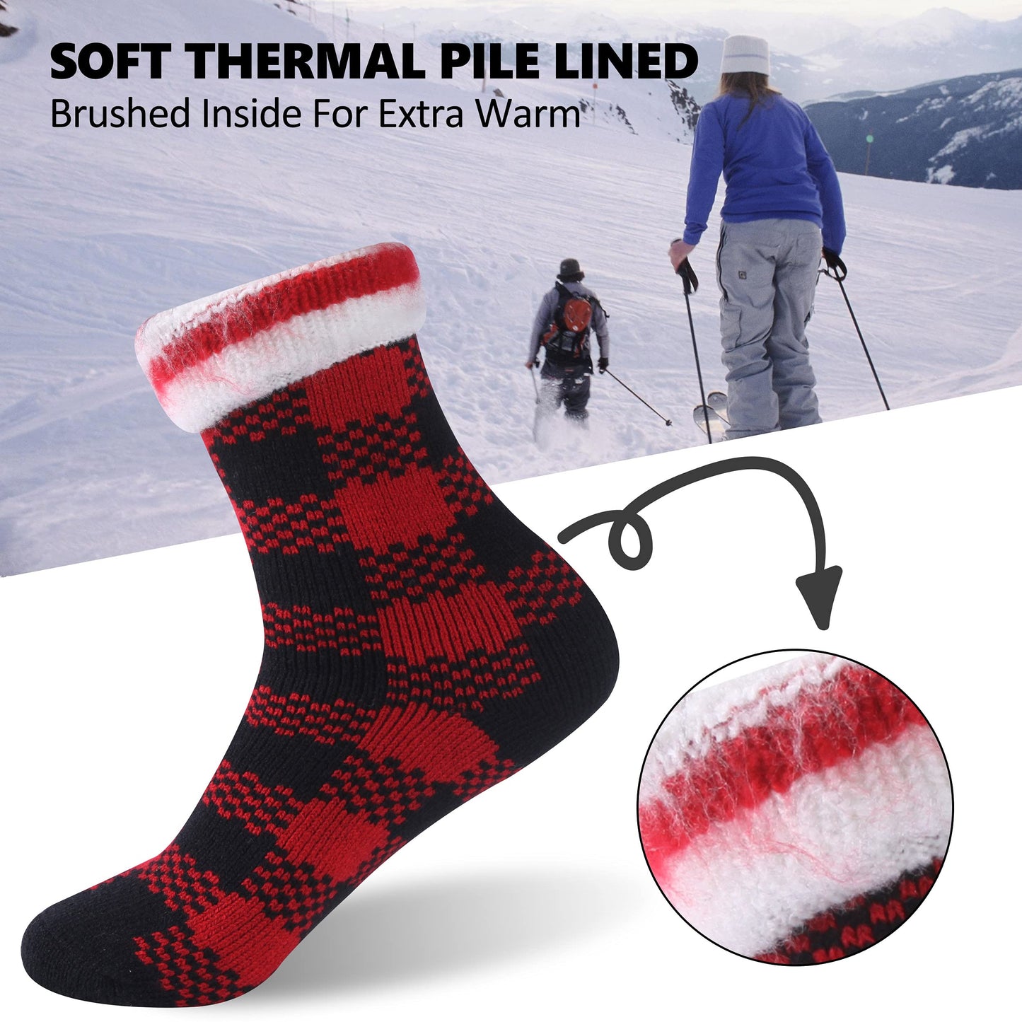 Hissox Thermal Socks For Women, Winter Insulated Heat Socks Cold Weather Hiking Skiing Snowboarding Warm Winter Crew Socks Mens Thermal Socks Thanksgiving 2 Packs, Red Grid, M