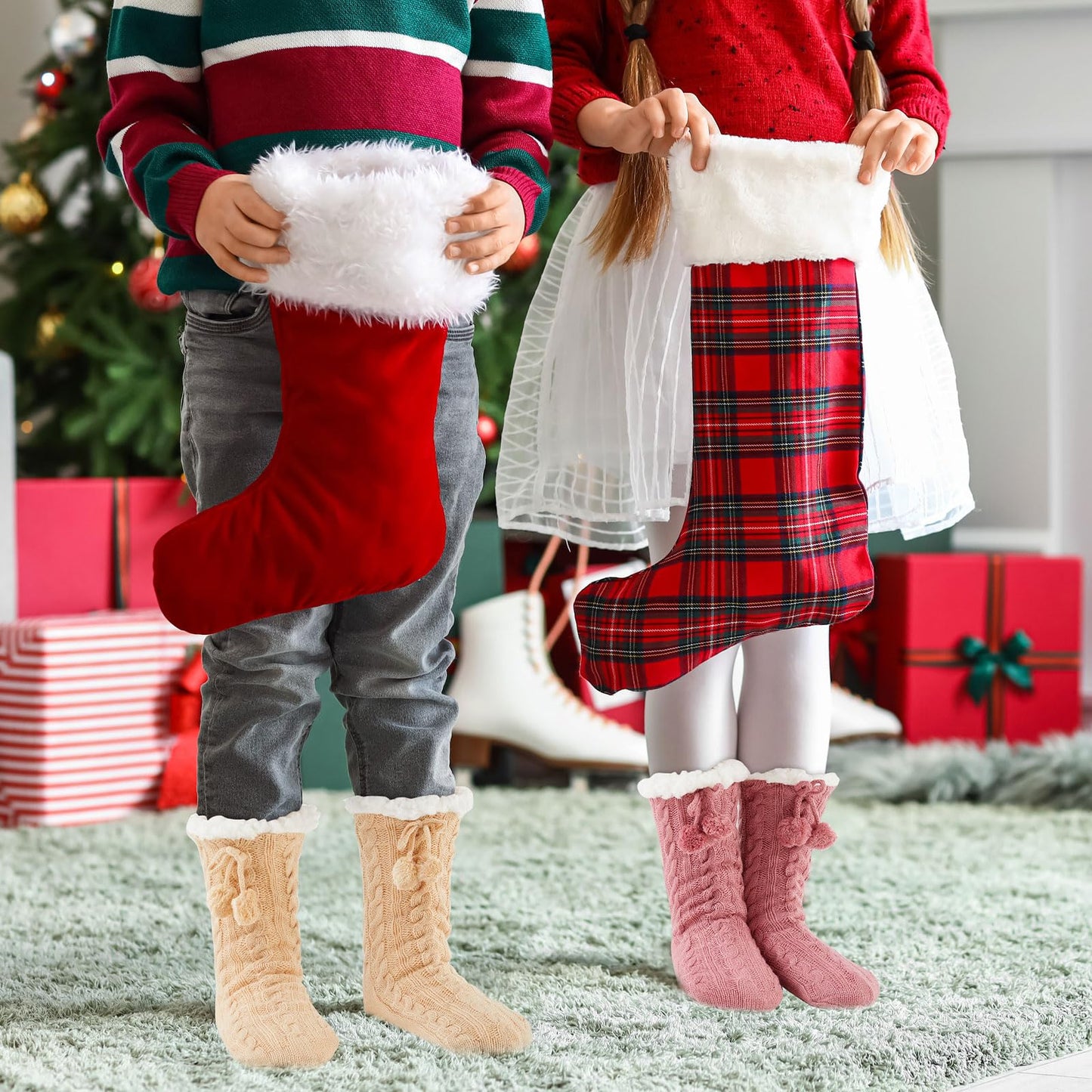 Foaincore 3 Pair Kids Slipper Socks with Gift Bag Girls Boys Fuzzy Socks Non Slip Winter Fluffy Socks Warm Socks with Grips(Warm Color,8-12 Years Old)