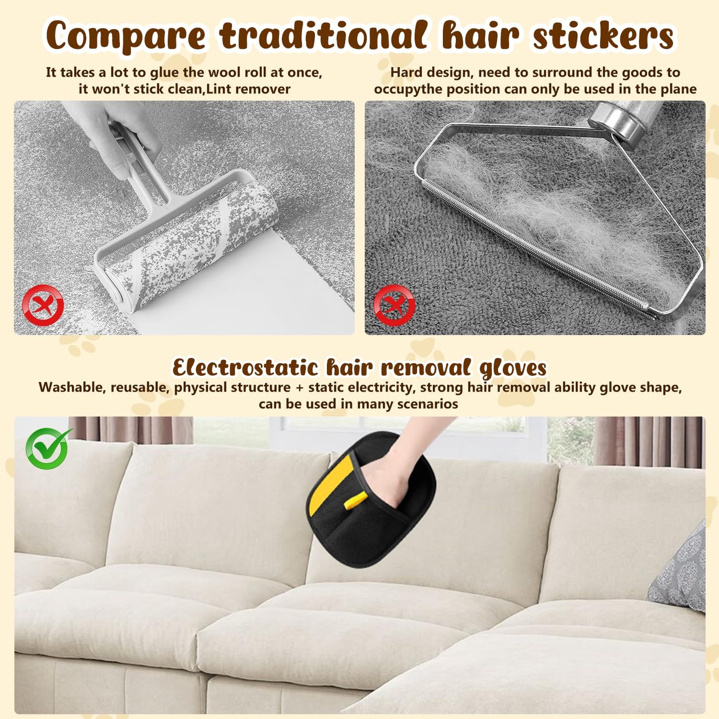 HesKdan Pet Hair Removal Glove for Cats & Dogs,Electrostatic Pet Hair Removal Gloves,Efficient Grooming Gloves for Pet Hair,Reusable Cat & Dog Hair Remover for Couch, Furniture, Carpet, Curtain(2PCS)