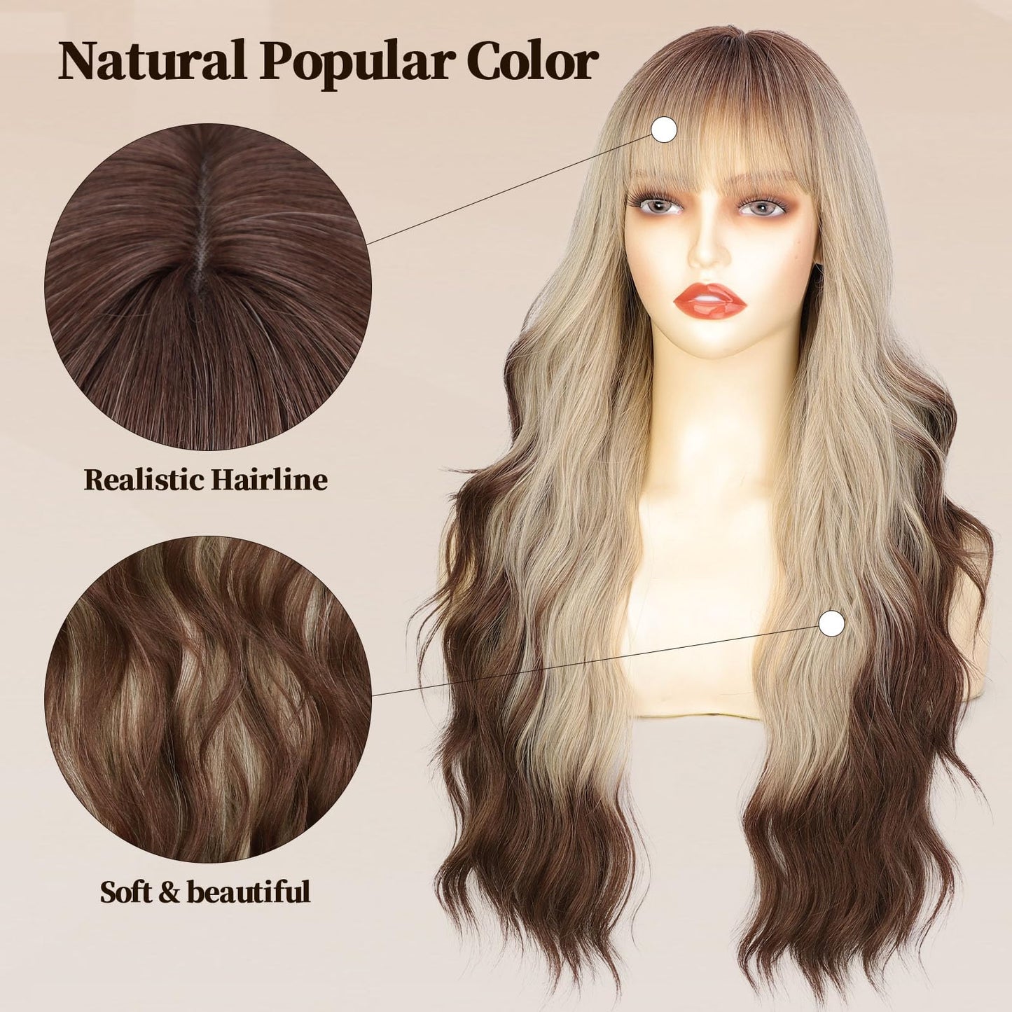 Lativ Ombre Blonde Brown Wig with Bangs Long Wavy Curly Wig with Brown End Heat Resistant Fiber Wig for Women Daily Use 26 Inches