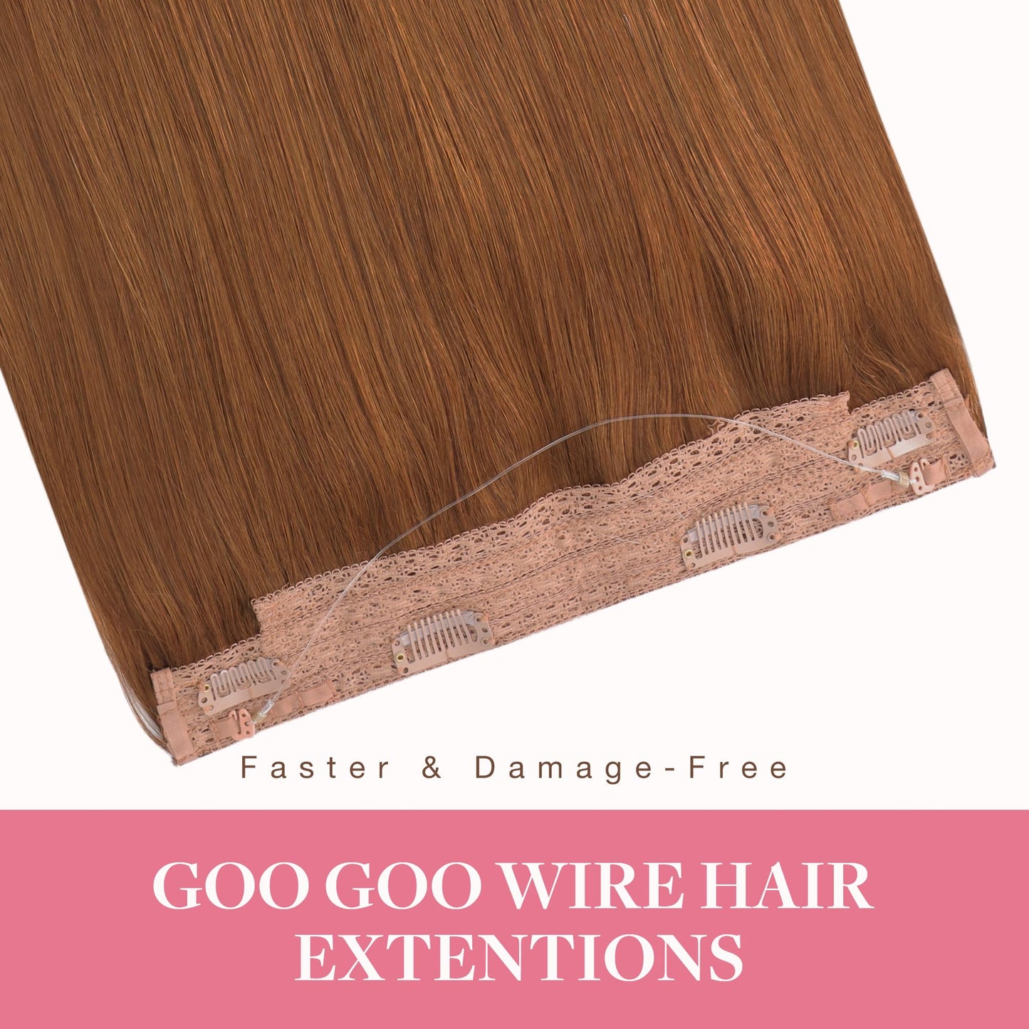 GOO GOO Wire Hair Extensions Human Hair, 350 Copper Natural 14inch 75g, Invisible Wire Hair Extensions with Transparent, Seamless Fish Line Hairpiece