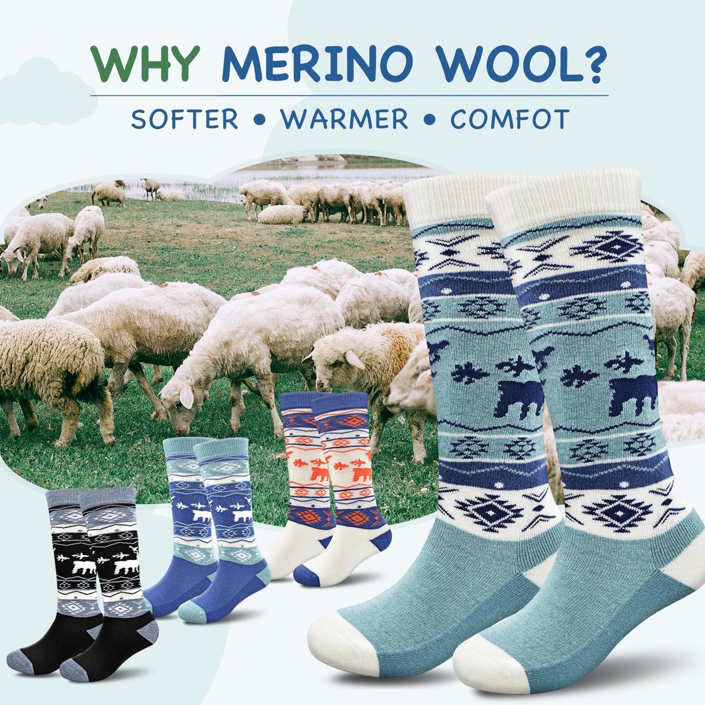Socks Daze 2 Pack Winter Warm Wool Ski Socks for Kids Boys Girls 10-12 Years Cute Knee High Wool Boot Socks for Hiking Ice Skating, Black + White, Medium