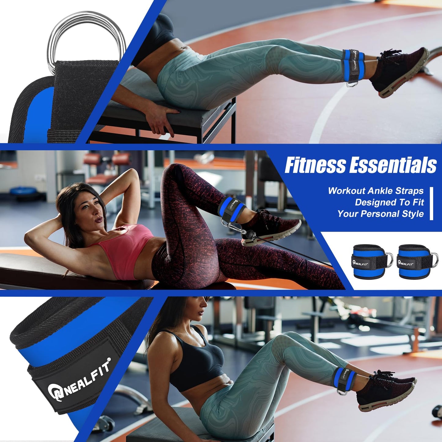 NEALFIT Ankle Strap for Cable Machine, Gym Ankle Cuff for Kickbacks, Leg Extensions, Glute Workouts, Booty Hip Abductors Exercise for Women and Men (Pair, Sapphire Blue)