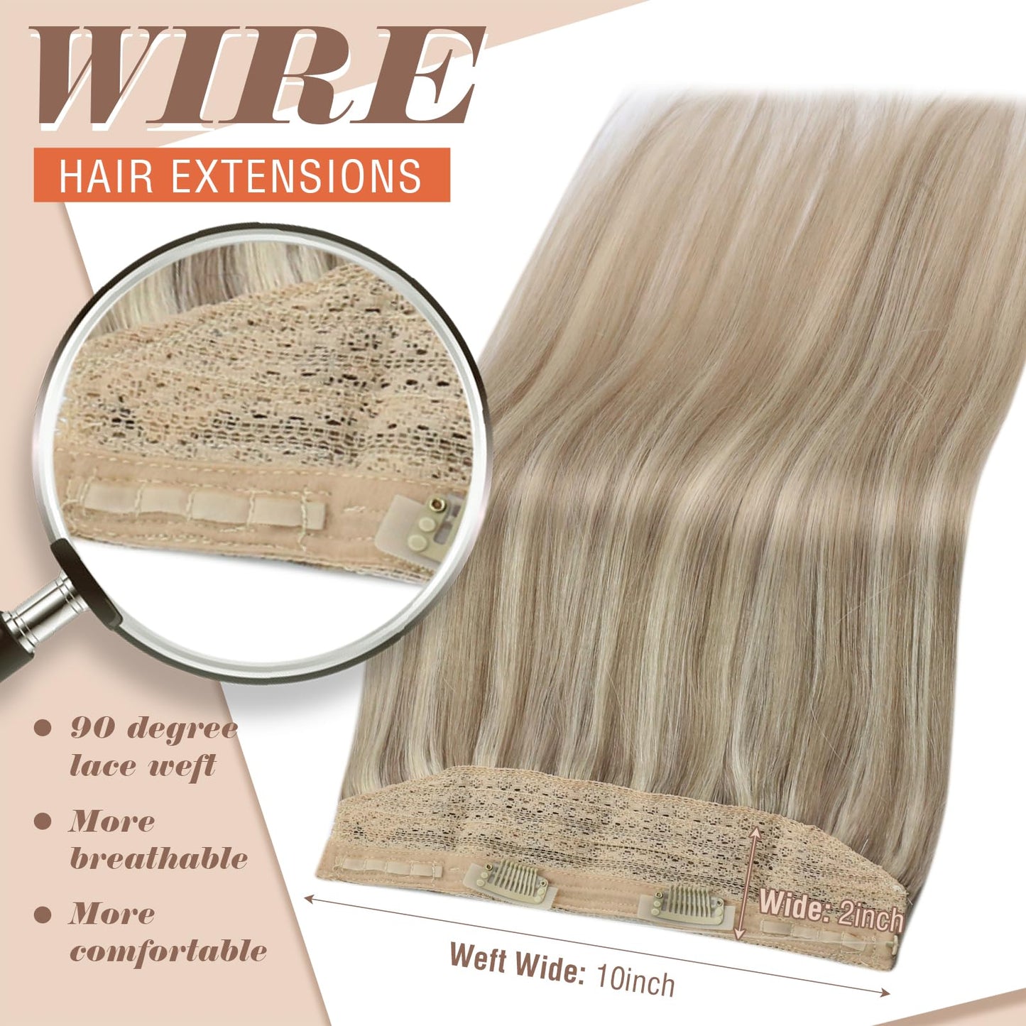 Sunny Wire Hair Extensions Real Human Hair Fish Line Human Hair Extensions Invisible Wire Extensions Golden Blonde with Medium Blonde Highlights #16/22 14 Inch