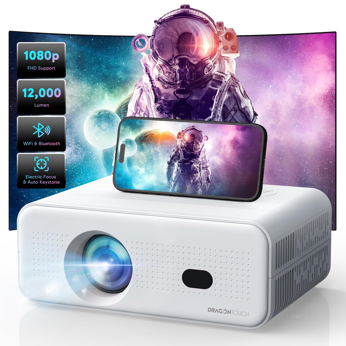 Electric Focus Mini Projector with 5G WiFi and Bluetooth, Support FHD 1080P Smart Video Projector, 12000L Portable Movie Projector with Auto Keystone Compatible with iOS/Android/TV Stick/HDMI/PS5