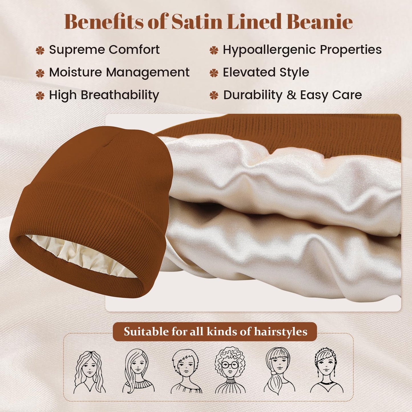 Satin Lined Beanie for Women Winter Hats for Women Men Black Beanie Silk Lined Cute Slouchy Beanie for Winter Warm Knit Beanie Hat Black+Dark Grey+Brown