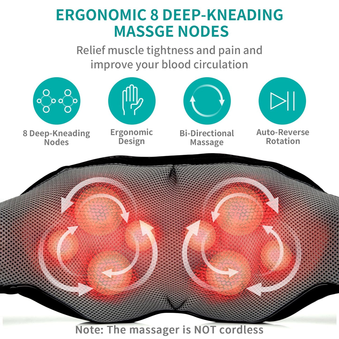 Shiatsu Neck and Back Massager with Soothing Heat, Nekteck Electric Deep Tissue 3D Kneading Massage Pillow for Shoulder, Leg, Body Muscle Pain Relief, Home, Office, and Car Use