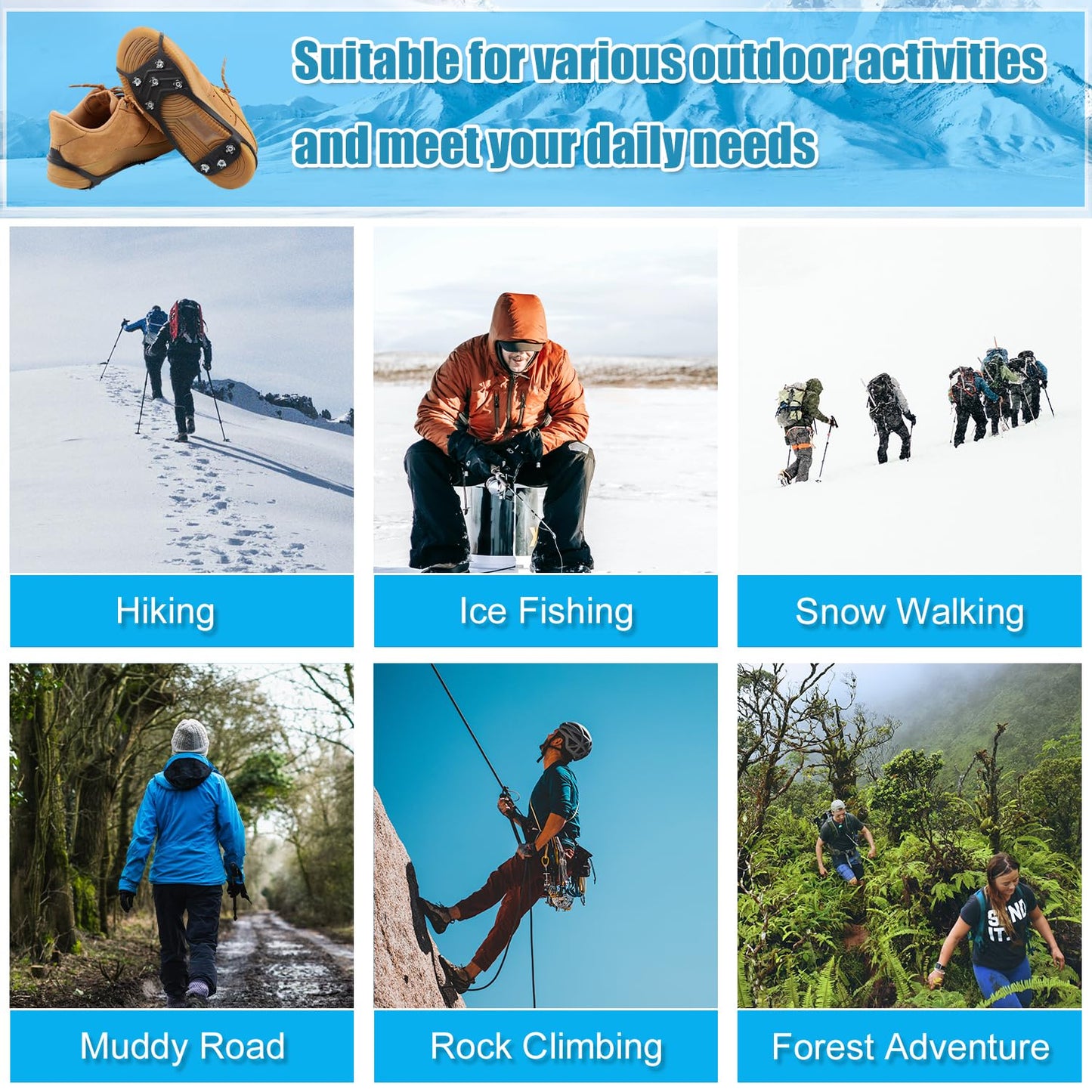 2 Pair Ice Cleats, Universal Non Slip Gripper Spikes Winter Ice Snow Spikes Grips Crampons Traction Cleats Anti-Skid Footwear for Shoes and Boots for Walking Hiking Climbing