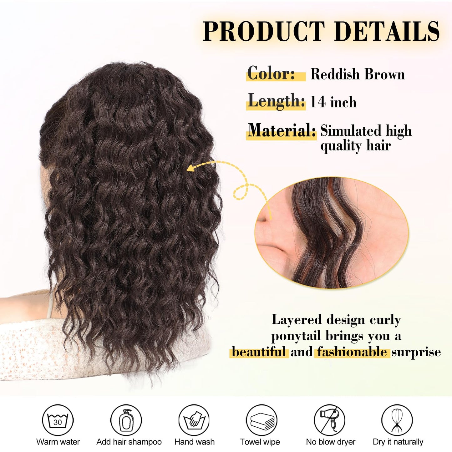 QGZ Curly Ponytail Extension,Drawstring Ponytail for Black Women 14 Inch Synthetic Short Wavy Curly Layered Pony Tails Hair Extensions for Daily Use(Reddish Brown)