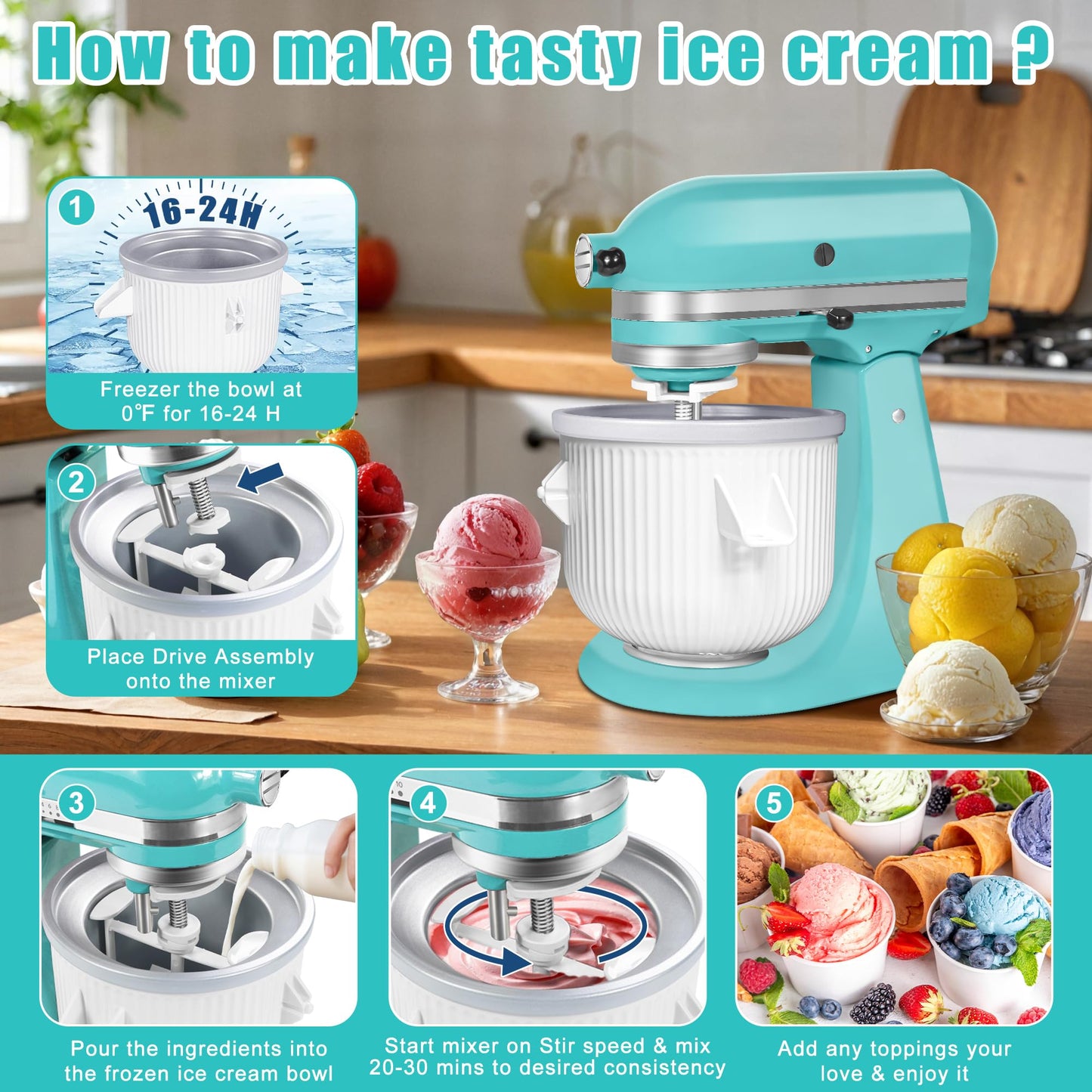 Ice Cream Maker Attachment for KitchenAid Stand Mixer, Kithcen aid Ice Cream Maker Attachment - Compatible with 4.5 QT and Larger Stand Mixers, 2-Quart Frozen Ice Cream Bowl for Homemade Frozen Treats
