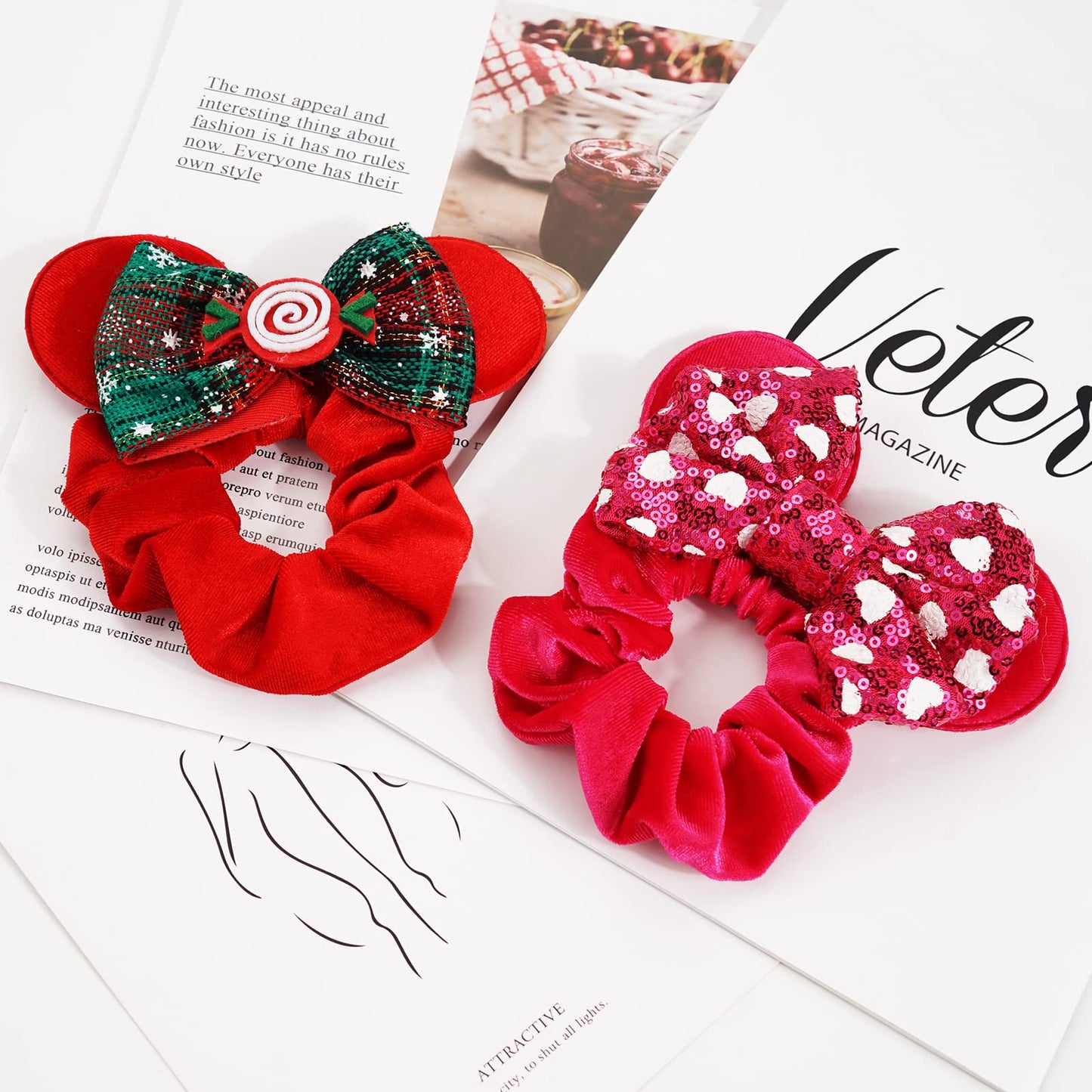 6 Pack Mouse Ears Scrunchies Velvet Sparkle Sequin Bows Hair Scrunchies Hair Ties Elastic Rubber Bands Christmas Ponytail Holders for Kids Women Girls Adult Christmas Party Decoration