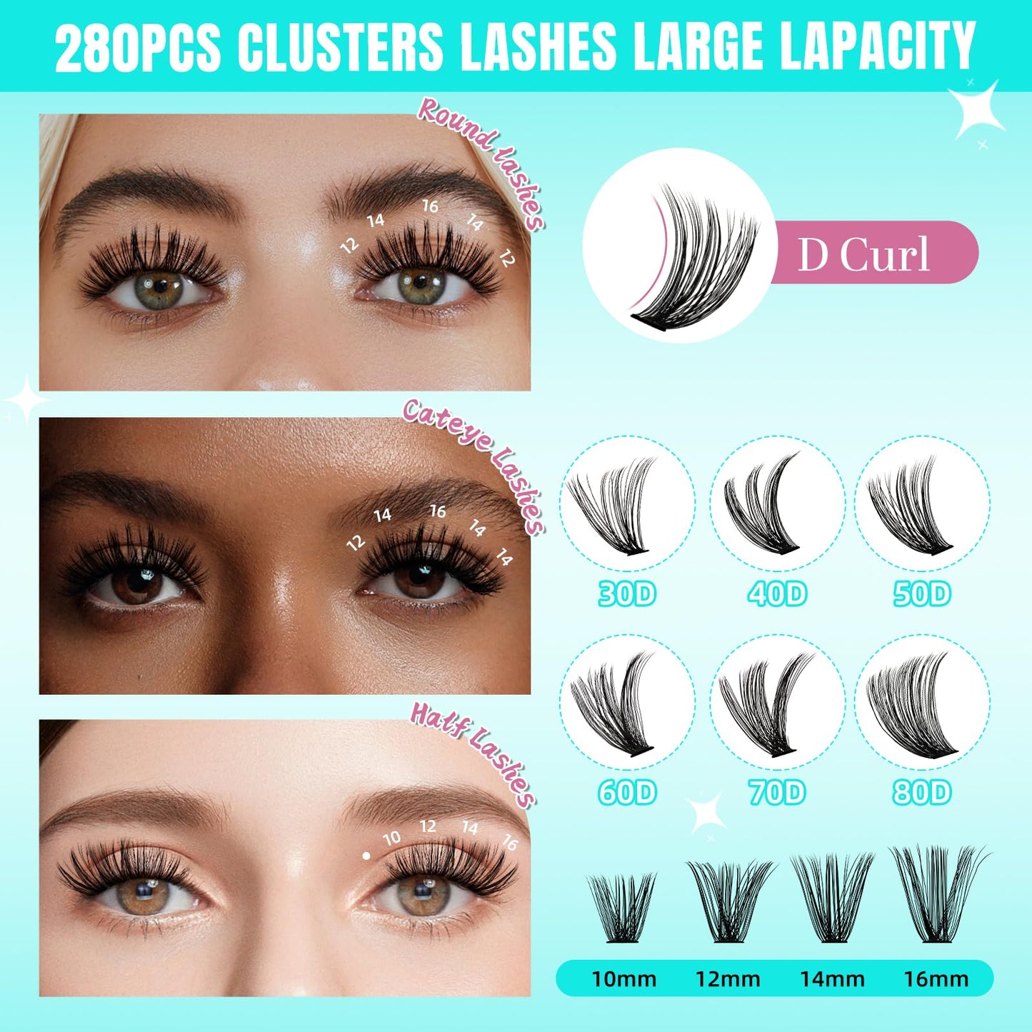 Lash Clusters Wispy 280PCS Eyelash Extension 50D Cluster Lashes Individual Lashes DIY Lash Extension Natural Look Cluster Eyelash Extensions Soft False Eyelashes at Home for Beginners(10mm)