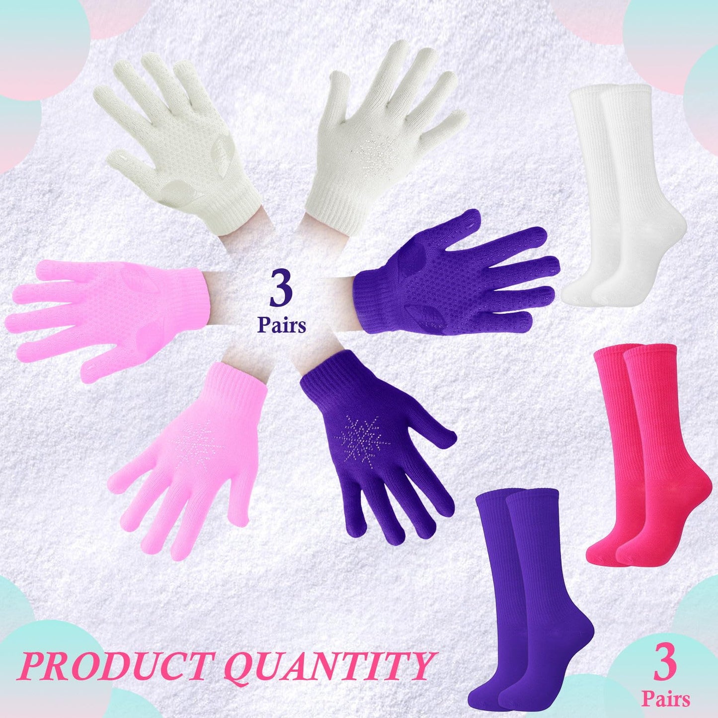 Hicarer 6 Pairs Figure Skating Gloves Socks Set Ice Skating Socks Anti Slip Gloves with Rhinestone Snowflakes Warm Winter Mitten Knit Gloves for Practice Competition (Purple, Skin Color, Pink)