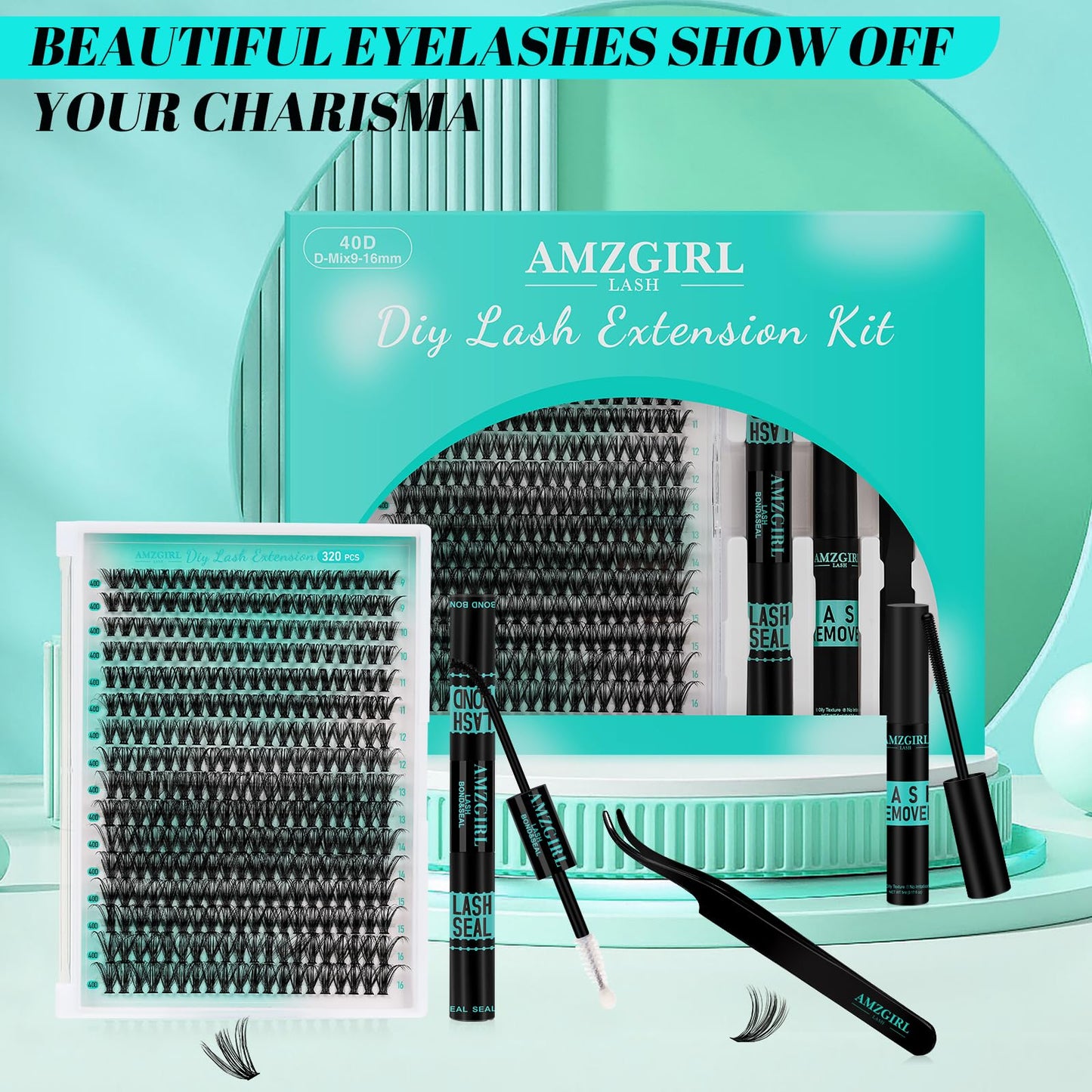 Lash Clusters Kit 320Pcs,40D Eyelash Extension Kit,Lash Bond and Seal Waterproof,Lash Remover for Individual Cluster Lashes Kit,Lash Applicator Tool for DIY Lash Extension Kit(D-Mix9-16mm Kit)