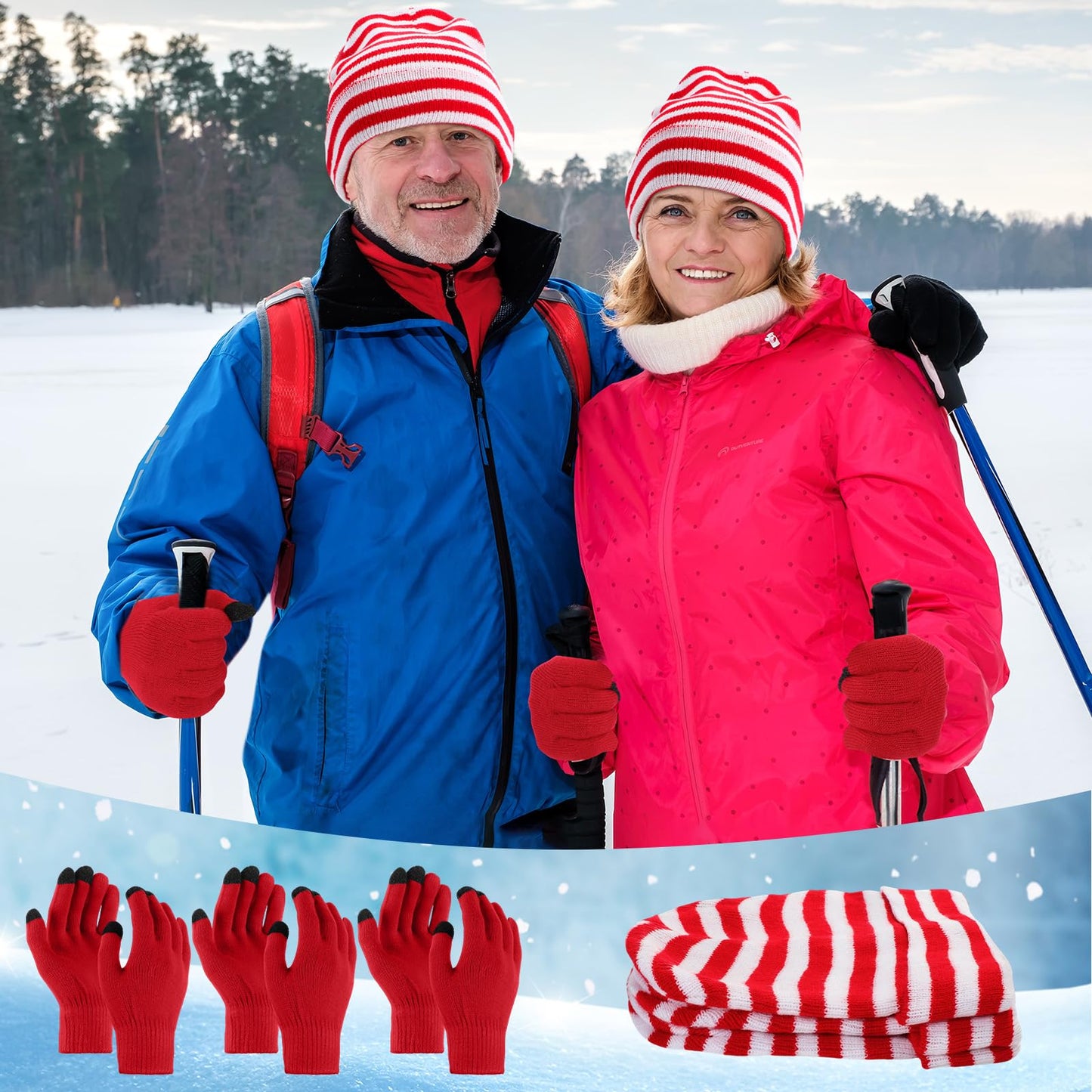 SATINIOR 6 Pieces Christmas Red White Stripe Beanie and Touchscreen Gloves Set Christmas Winter Knit Hat Soft Skull Cap for Women Men