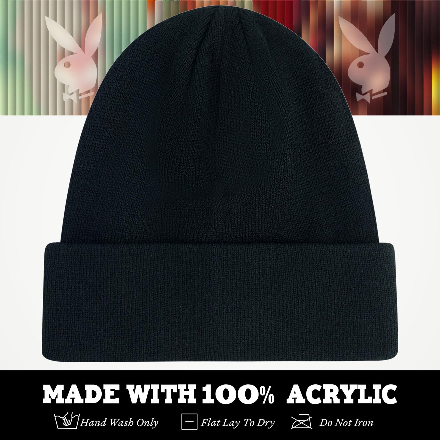 Concept One Playboy Beanie Hat, Cuffed Knit Winter Cap with Logo, Black