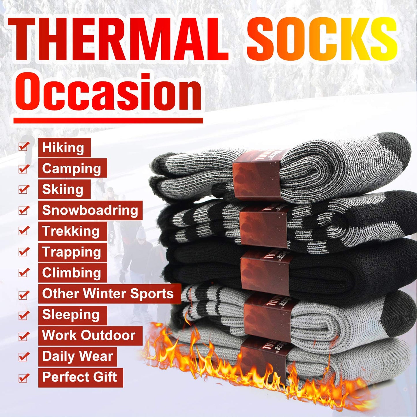Socks Daze 2 Pack Thick Heat Stripe Socks Men, Winter Outdoor Heavy Working Thermal Crew Hiking Hunting Backpacking Socks, Black+Dark Grey Stripe, Large