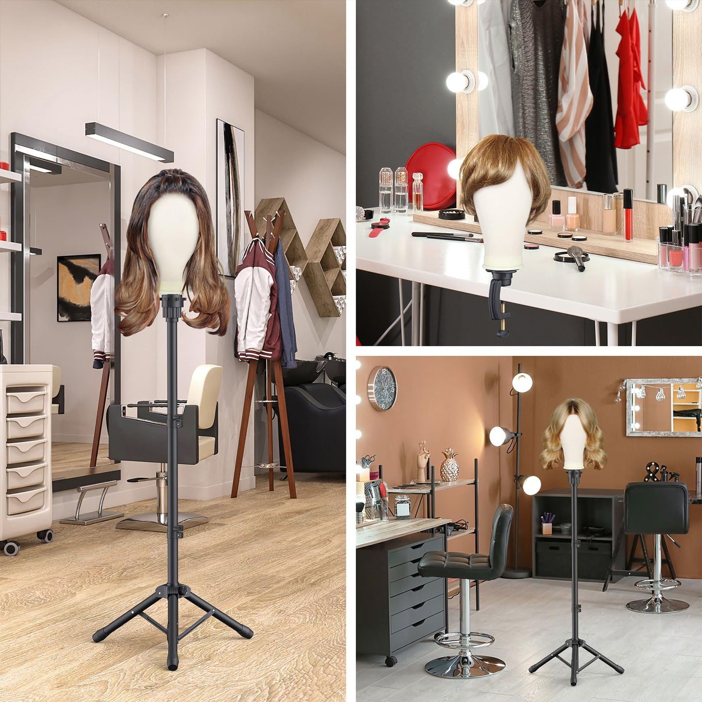 Hemndic Wig Stand with Head, Height Adjustable Wig Stand, Wig Head Stand with Mannequin Head with Extra Wig head Clamp Stand, Black