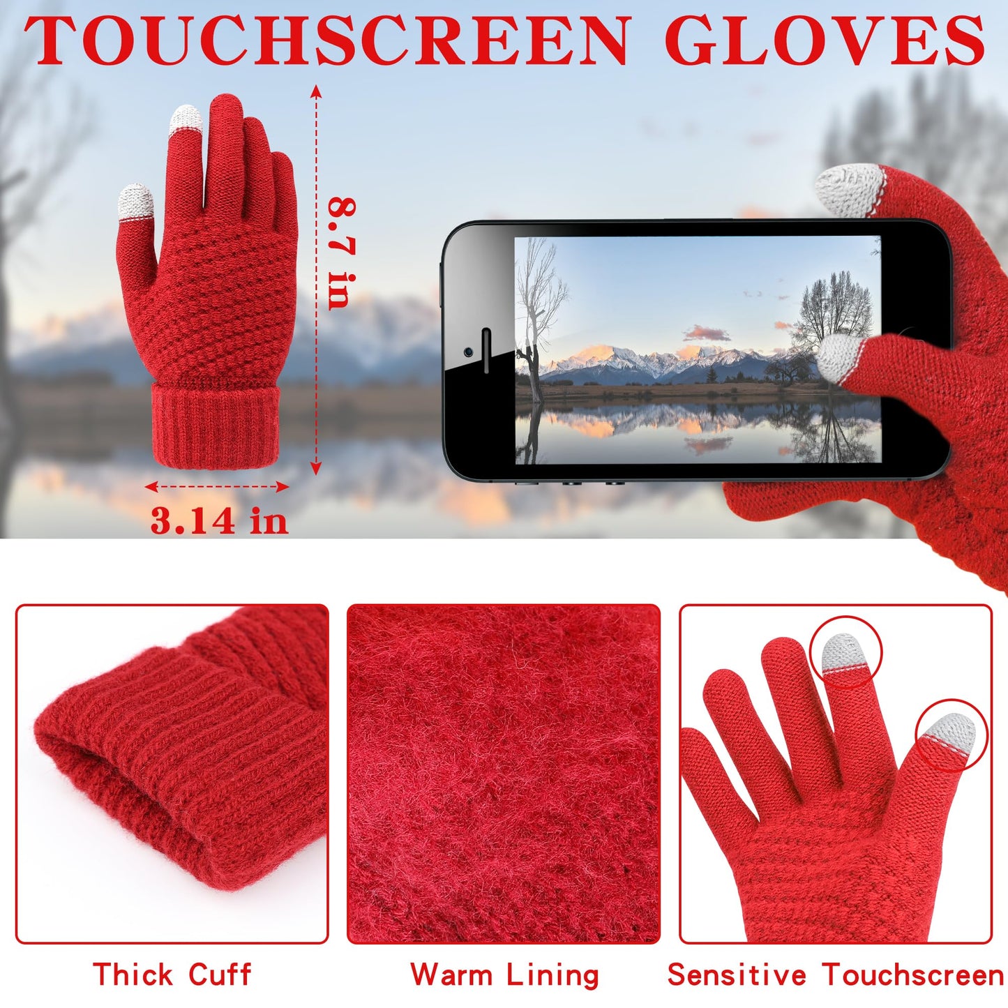 Winter Hat Scarf Gloves and Face Mask, Warm Knit Beanie Pompom Hat Touchscreen Gloves Set Gifts Circle Scarves for Women…