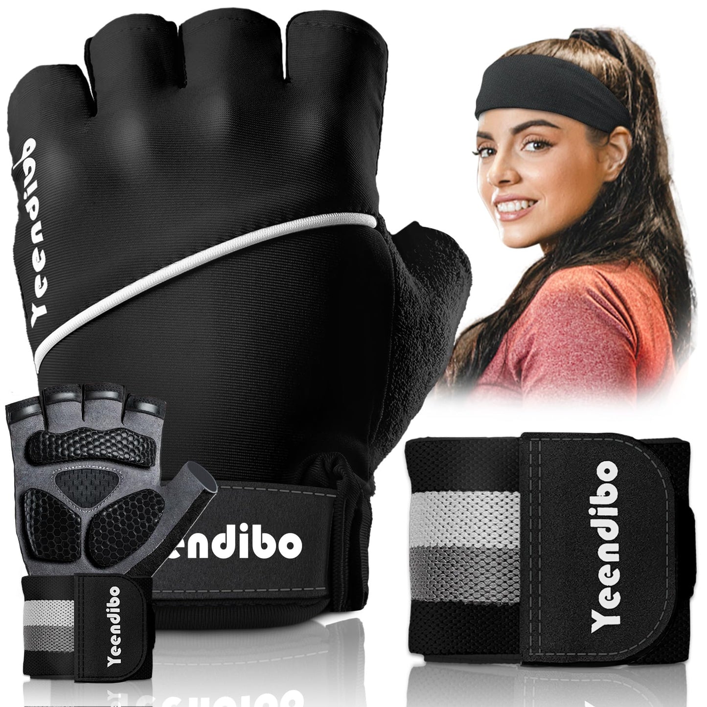 Yeendibo 5-in-1 Workout Gloves for Men & Women, with Excellent Grip, Full Protection Exercise Weight Lifting Gym Gloves, Detachable Wrist Strap & Mesh Bag