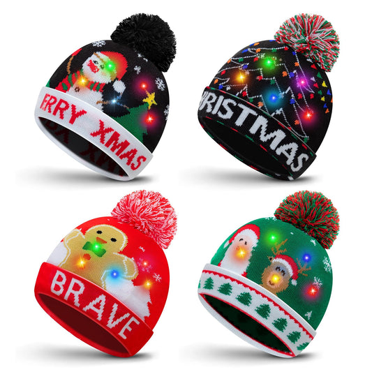 JAZGROM 4 Pack LED Light up Christmas Beanie Hats Xmas Knitted Hat Unisex Winter Hat Flashing Knit Cap Party Hat for Men Women Holiday Party Supplies (Battery Included)