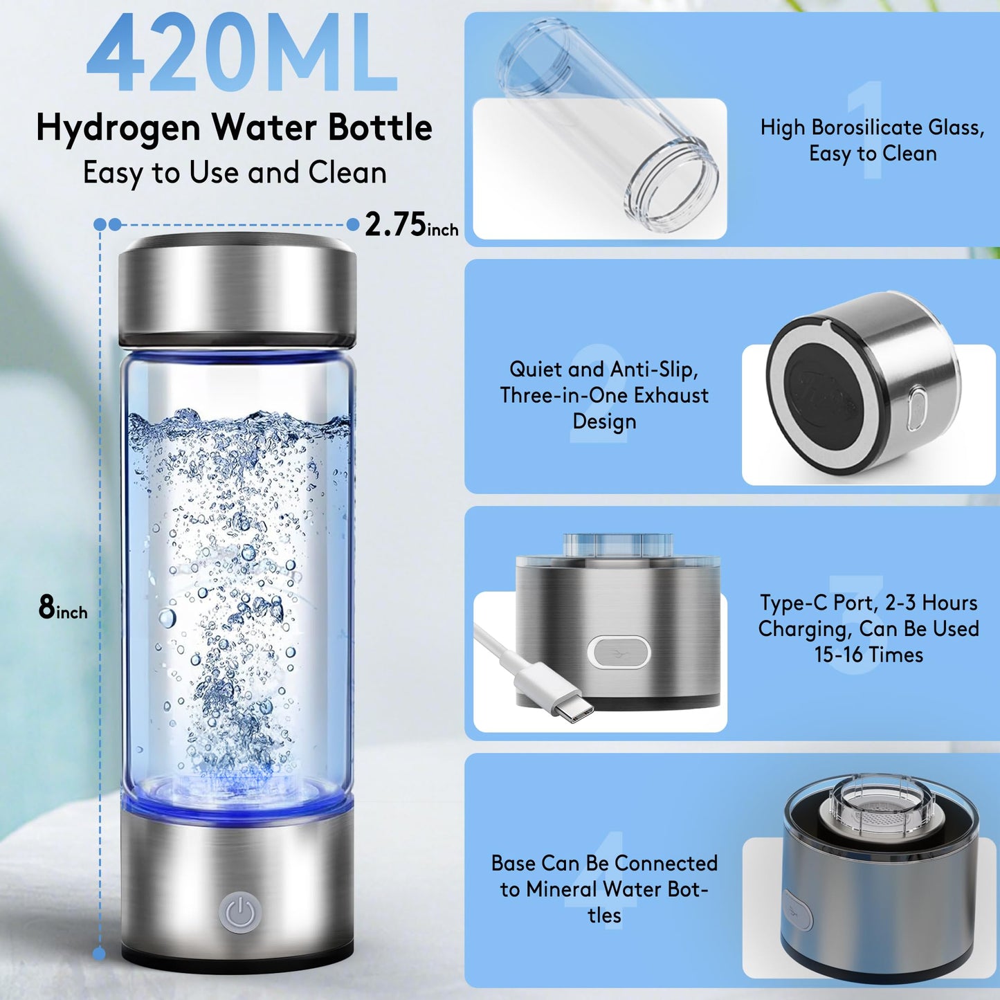 2025 New Hydrogen Water Bottle, 2200PPB in 3Min, SPE PEM Tech, Portable 16OZ, Rechargeable Hydrogen Water Bottle for Travel, Home, Office ā Gift for Family & Friends (Light Gray)