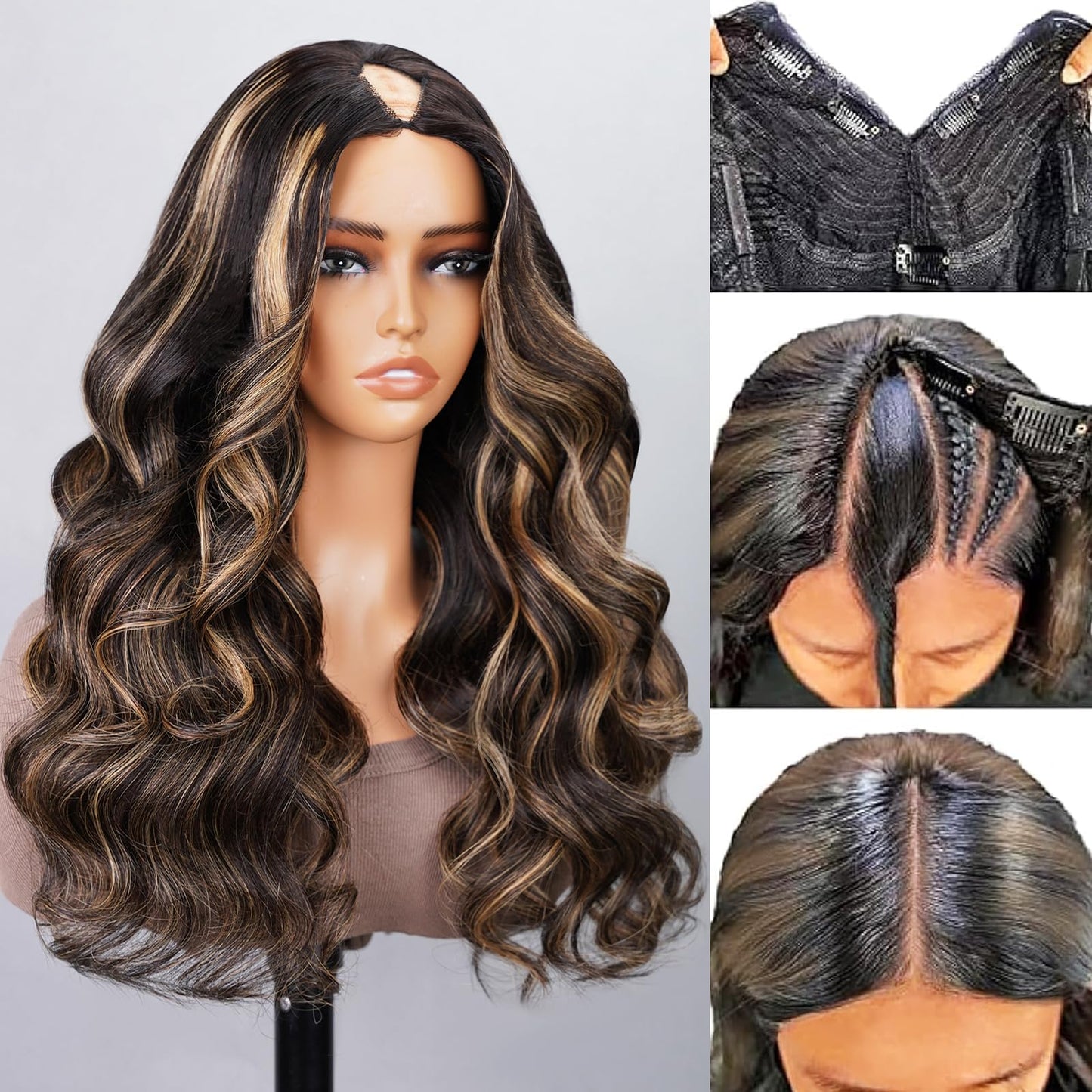 MEGALOOK V Part Wig Human Hair Highlight Wig Upgrade U Part Wigs for Black Women Human Hair Body Wave Human Hair Wig 180% Density No Glue No Sew In No Leave Out Beginner Friendly Half Wig 18 Inch
