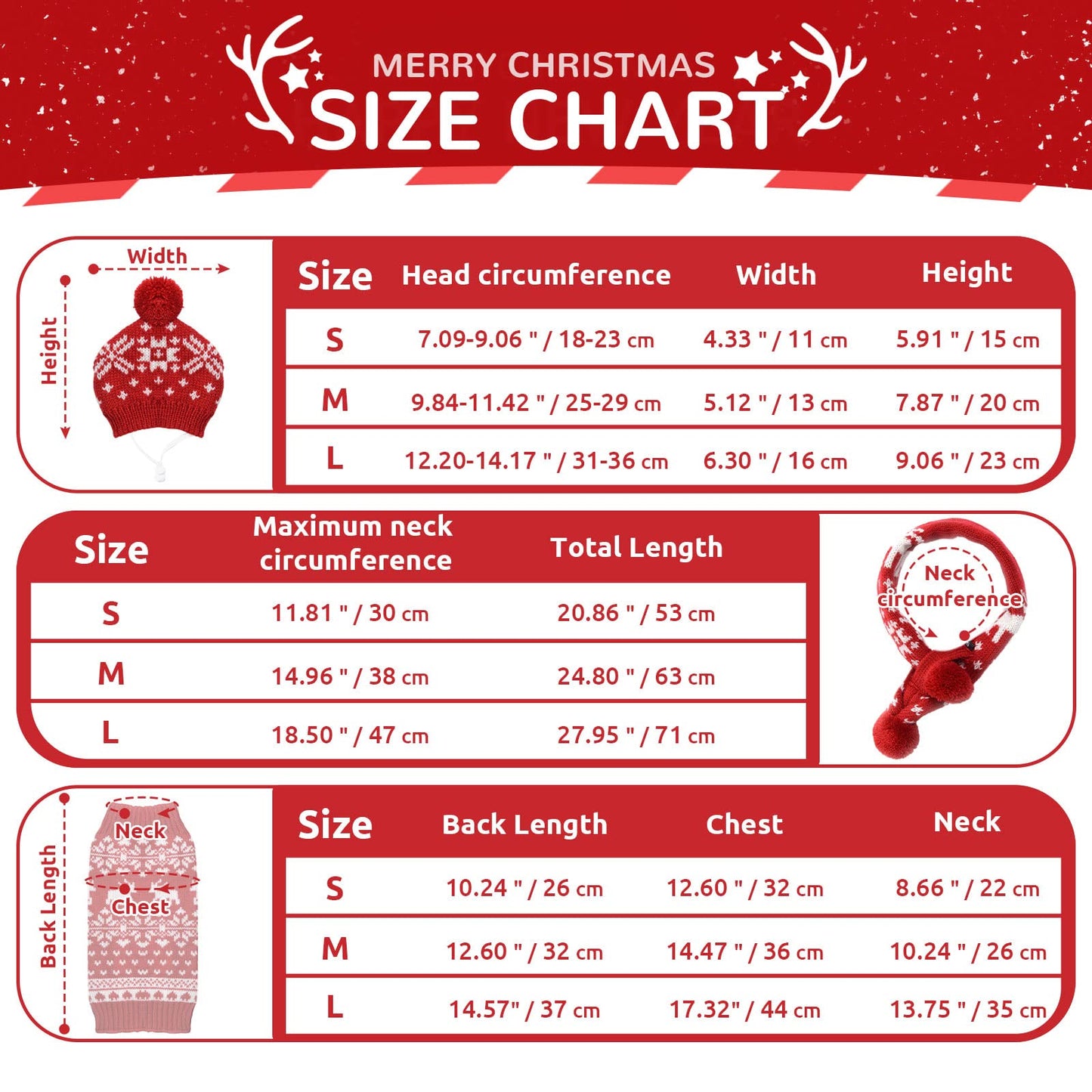 HRTTSY Dog Christmas Sweater Scarf and Hat Set for Small Dogs Cute Ugly Xmas Reindeer Snowflakes Puppy Cat Winter Clothes Soft Warm Fall Kitten Puppy Sweatshirt Pet Costume Chihuahua Outfits(Red,L)