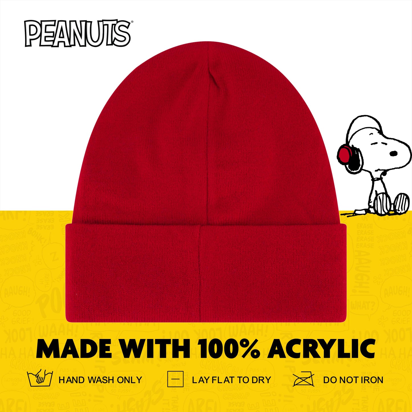 Peanuts Snoopy Beanie Hat, Knit Roll Down Cuffed Winter Cap, Red, One Size