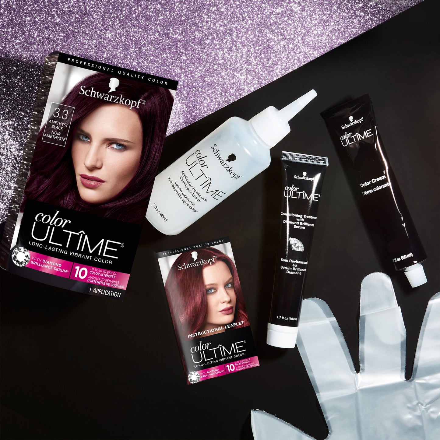 Schwarzkopf Color Ultime Hair Color, 3.3 Amethyst Black, 1 Application - Permanent Black Hair Dye for Vivid Color Intensity and Fade-Resistant Shine up to 10 Weeks