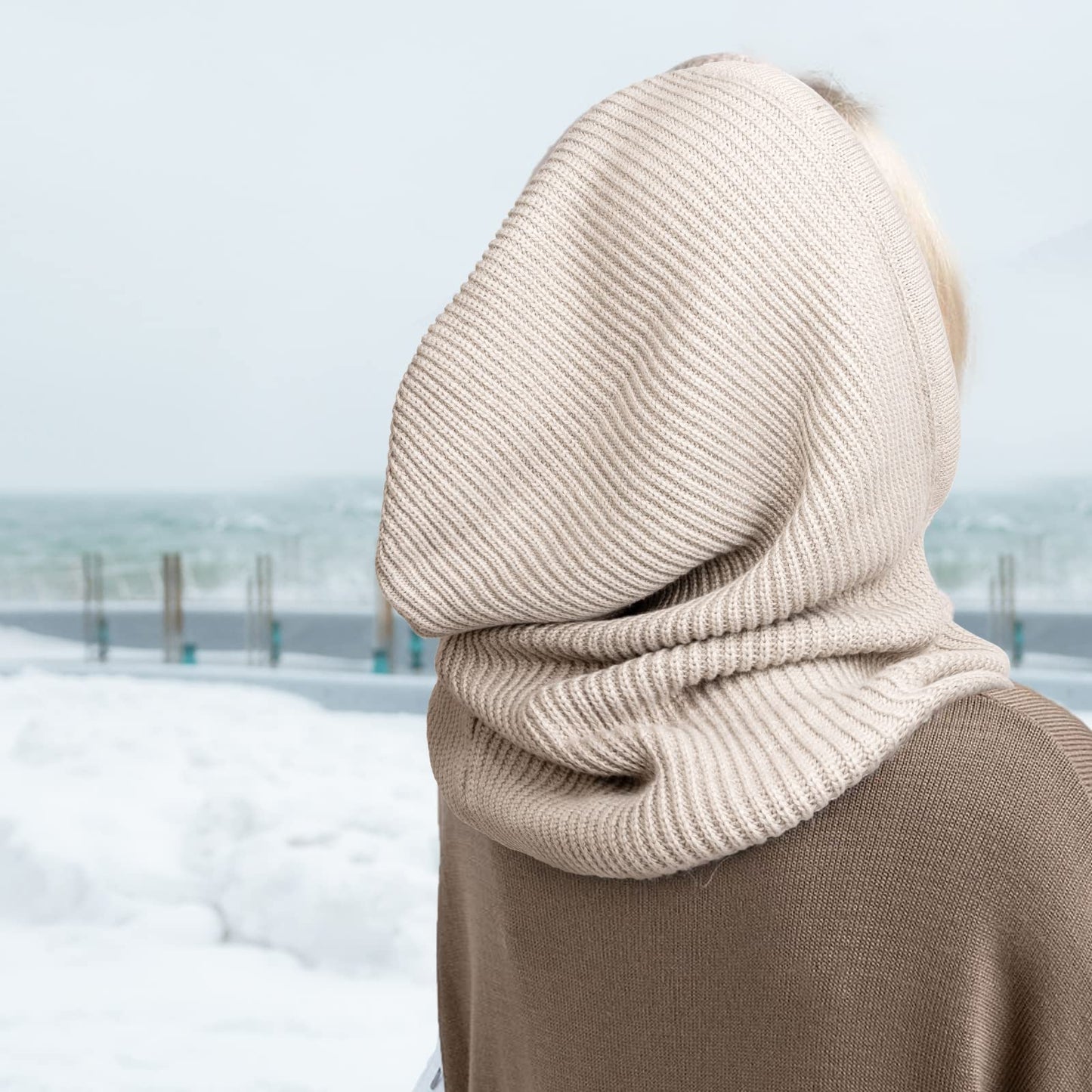 Hooded Scarf Hat Knit Balaclava Women Beanie Skull Cap with Drawstring Warm Winter Hats for Women Men Outdoor Sports