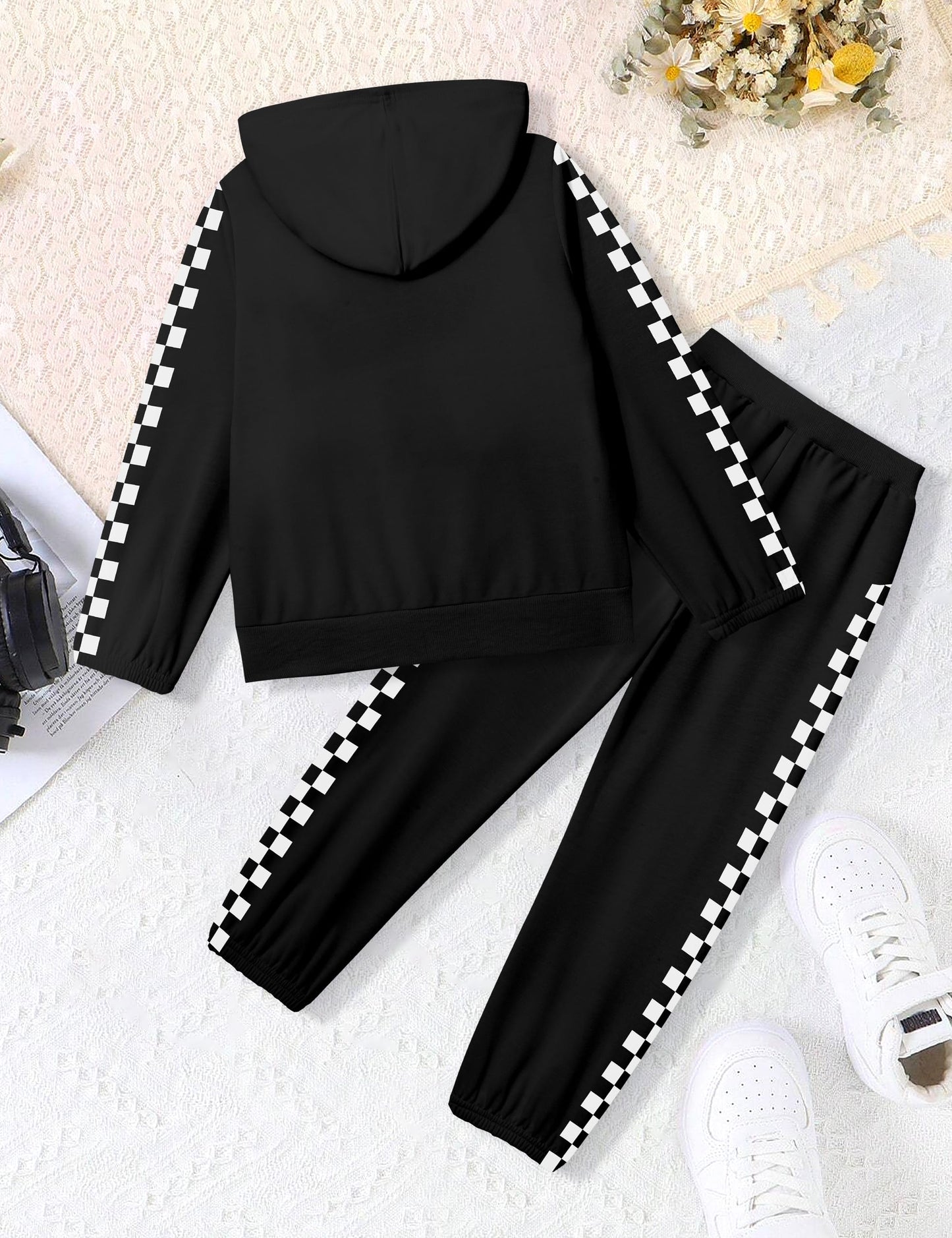 Doumlop Girls Clothes Size 10 Boys Outfits 9 Year Old Kids Clothes Boys Hooded Sweatshirt and Plaid Sweatpants 2 Piece Clothes for Girls Size 8-10 Winter Fall Black