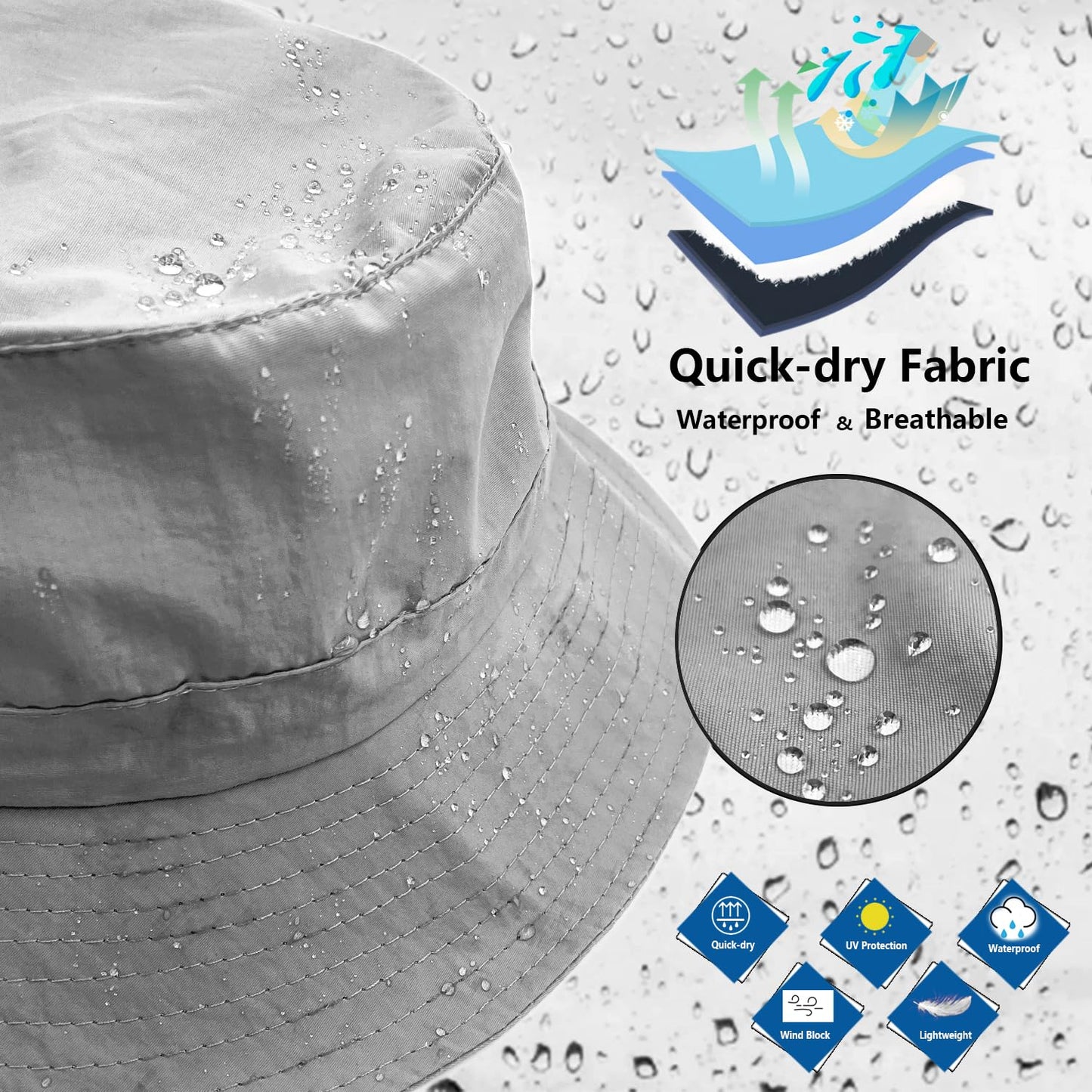 woogwin Waterproof Bucket Rain Hat with Chin Strap Quick Dry Packable Boonie Sun Hat Safari Hat UV Protection(Lightgrey)