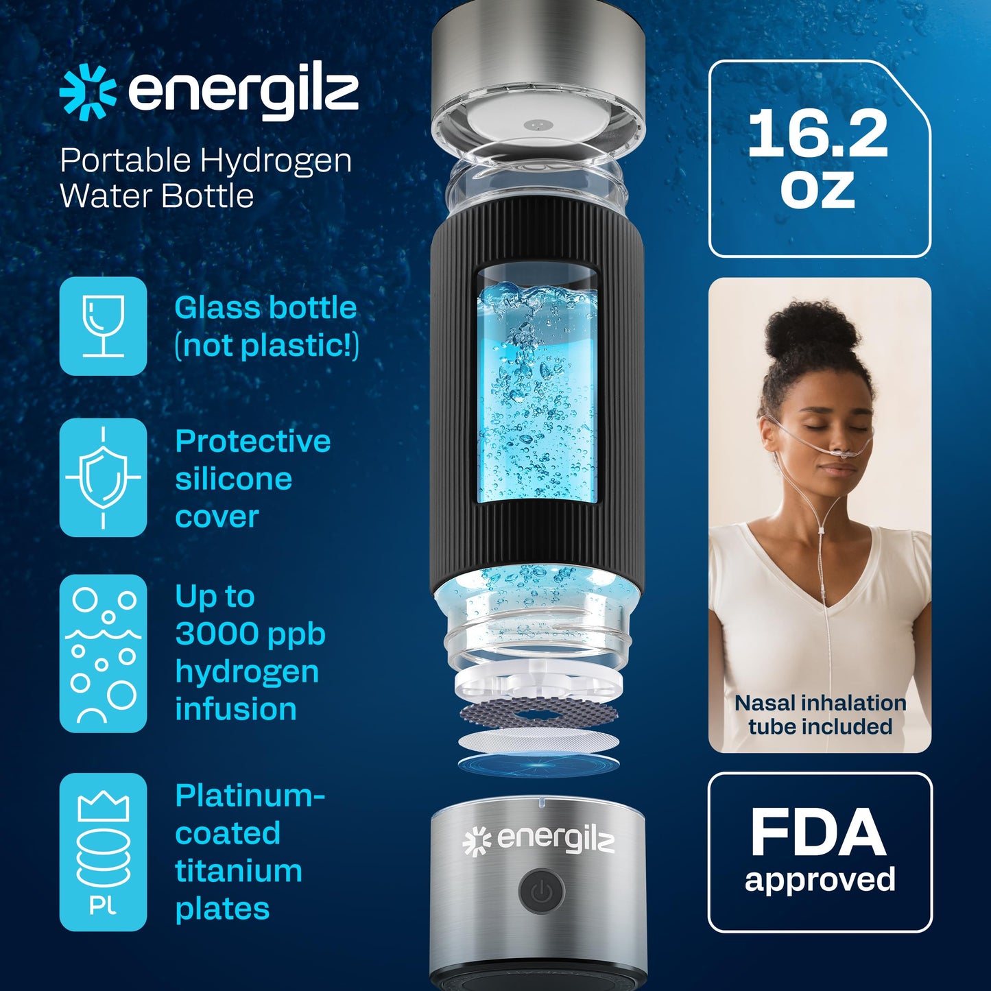 Energilz Hydrogen Water Bottle | Large 16.2 oz (480 ml) Hydrogen Water Bottle Generator 3000ppb | Hydrogenator Machine | SPE/PEM Hydrogenated Ionizer Generator (Steel w/Black)