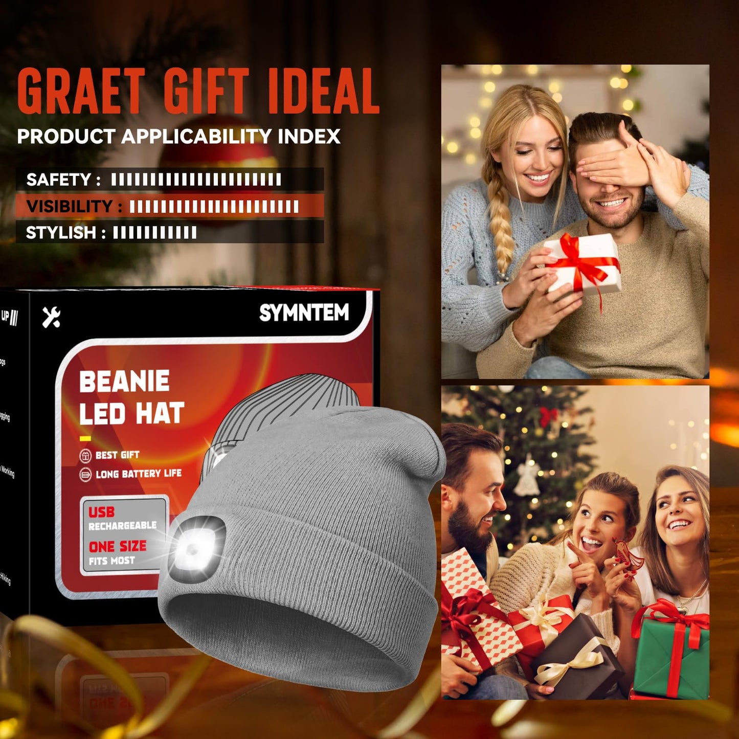 SYMNTEM Unisex Beanie Hat with Light, Christmas Day Gifts for Men, Rechargeable Headlight Cap Winter, Stocking Stuffers for Men, Adults, Teens, Dad, Father, Husband, Cool Gadget Gifts for Women, Grey