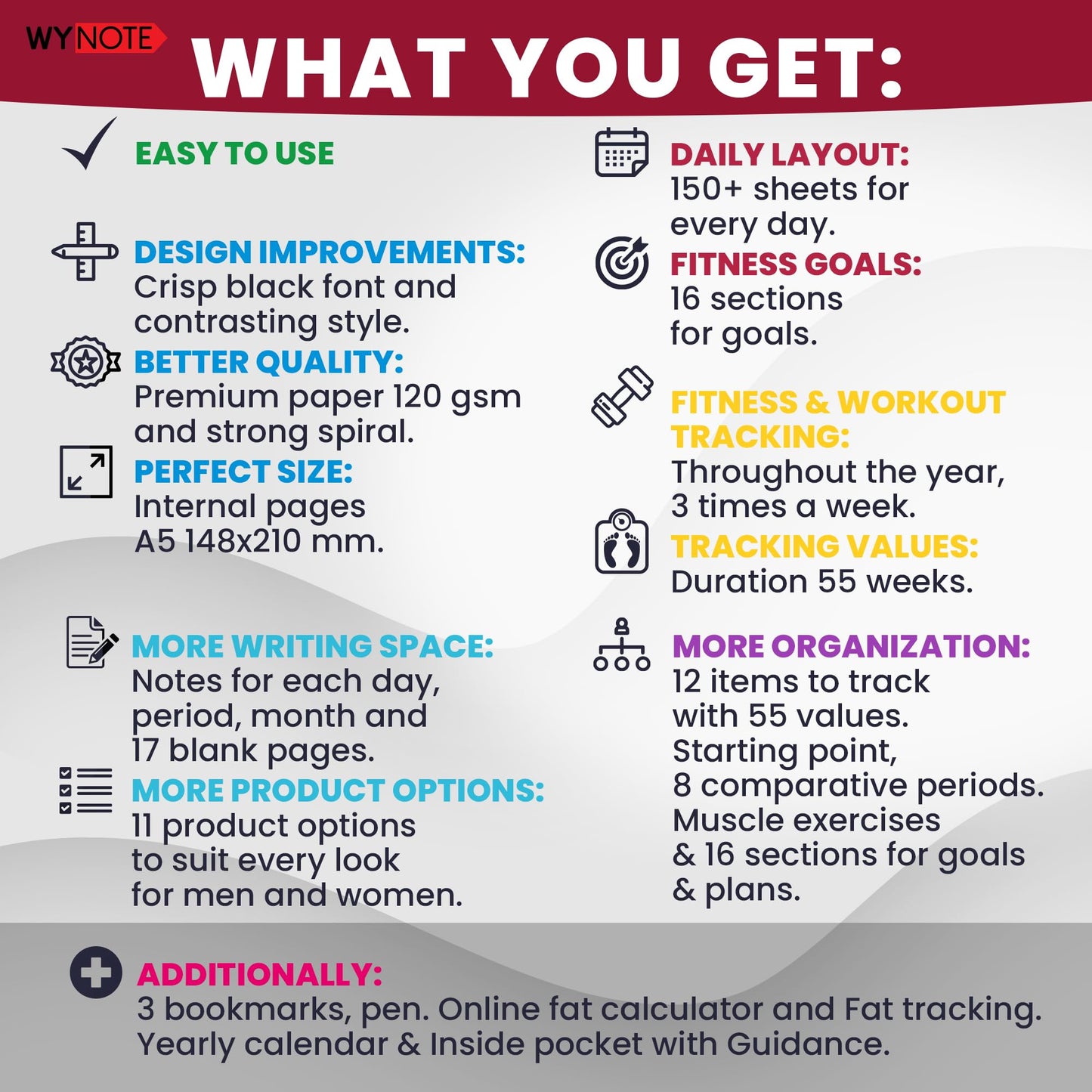 Fitness Journal Burgundy on 150+ Workouts + Yearly Calendar + 55 Tracking Values - A5 Workout Journal with Fat tracking - Planner to 12 items to track + 7 comparative periods + Goals