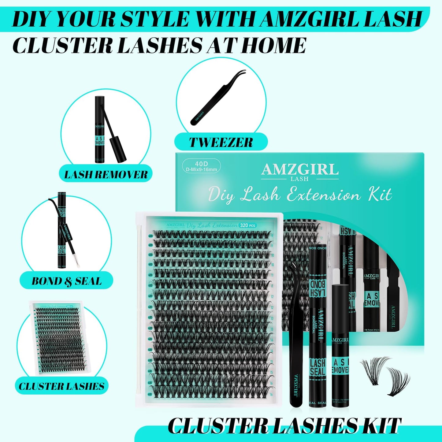 Lash Clusters Kit 320Pcs,40D Eyelash Extension Kit,Lash Bond and Seal Waterproof,Lash Remover for Individual Cluster Lashes Kit,Lash Applicator Tool for DIY Lash Extension Kit(D-Mix9-16mm Kit)