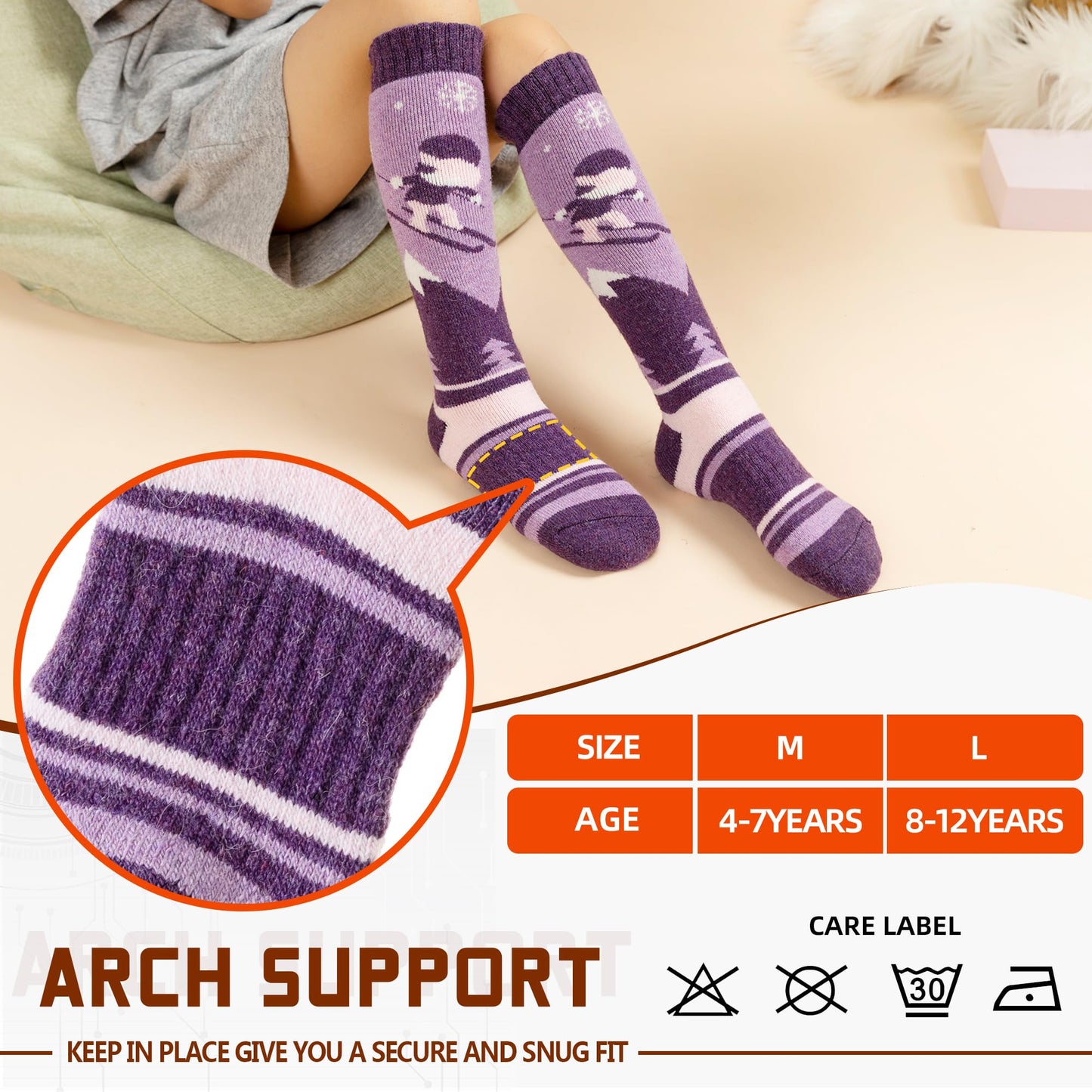 SeeyAN Kids Ski Socks Merino Wool Thermal Winter Socks Boys Girls Warm SnowBoarding Thick Skiing Socks 3 Pairs (Purple/Grey/Blue, 4-7 Years)