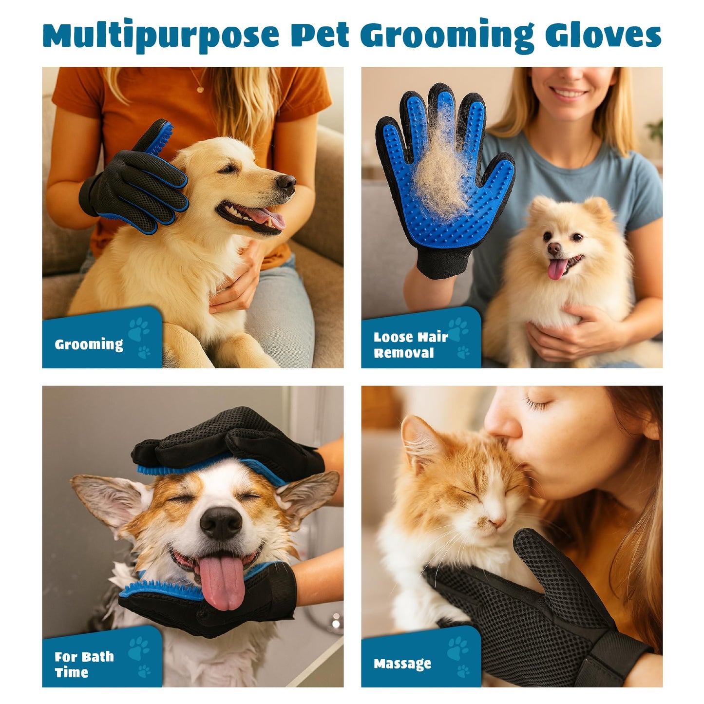 Tailio Cat & Dog Grooming Gloves for Shedding – Efficient Pet Grooming Gloves 2-in-1 Deshedding Brush & Massage Mitt | Perfect for Long and Short Hair (1 Pair)