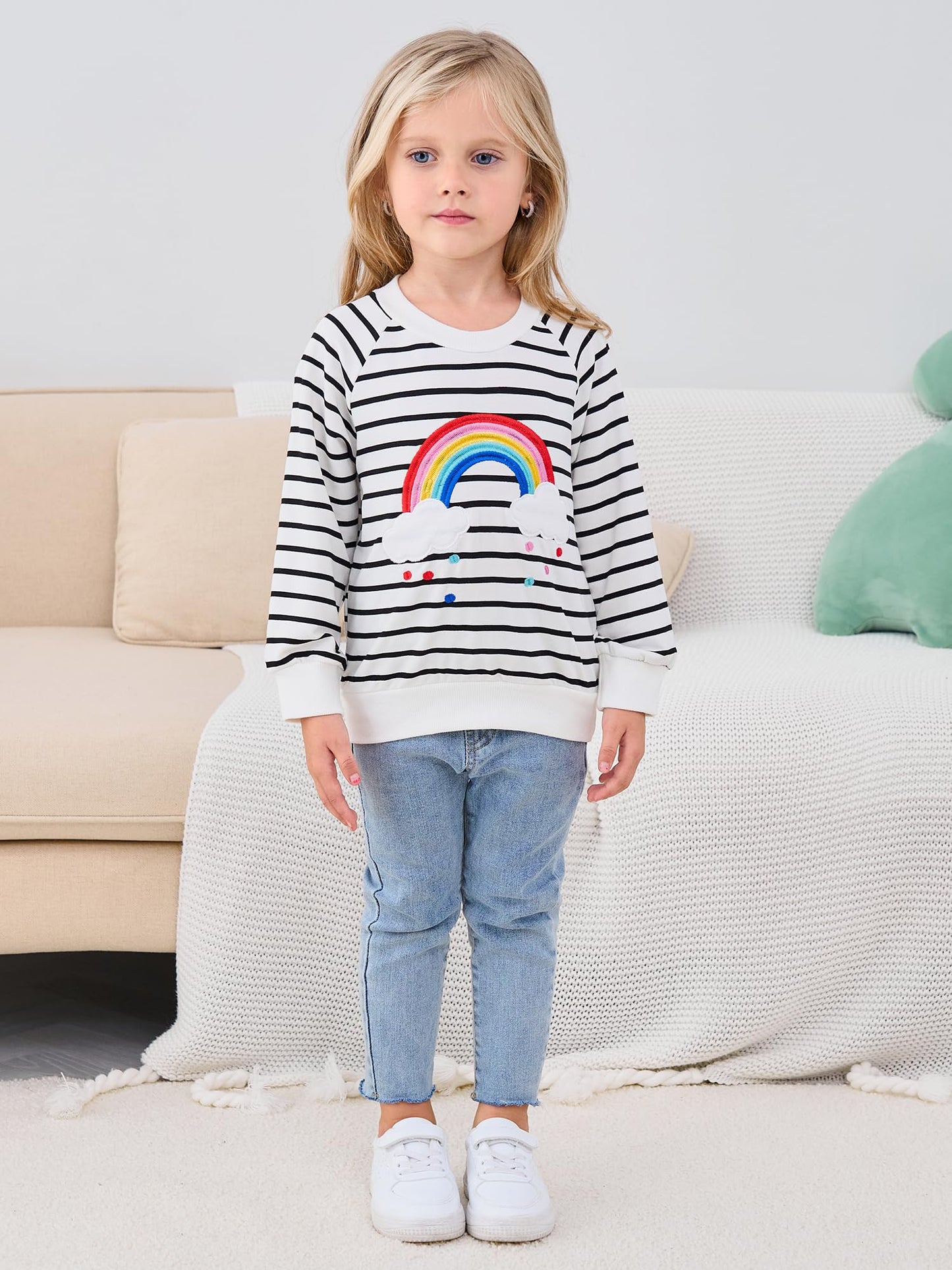NUBEEHOHO Toddler Girls Sweatshirt Rainbow Stripe Long Sleeve Shirt Baby Cotton Crewneck Pullover Sweater Kids Fall Winter Clothes White 5T/8391