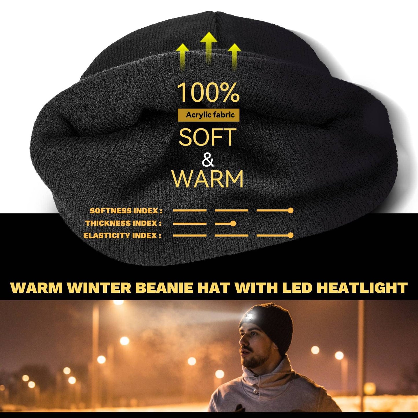 VIBELITE LED Beanie Hat with Light, USB Rechargeable LED Headlamp, Gifts for Christmas, Stocking Stuffers for Men Him Husband Boyfriend Dad Father, Black