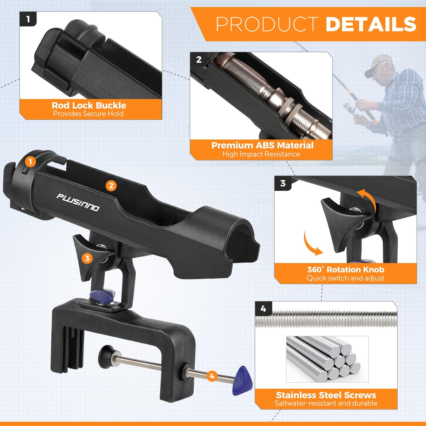 PLUSINNO Fishing Boat Rods Holder with Large Clamp Opening 360 Degree Adjustable Fishing Rod Racks Folding Holder (1 Pack Blue)