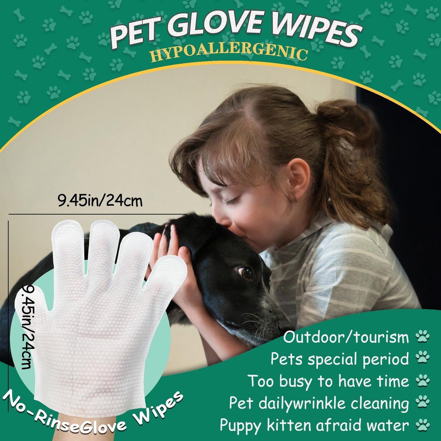 CHPPEY Pet Cleaning and Deodorizing Bathing Grooming Glove Wipes for Dogs and Cats, Extra Thick Nourish Fur No-Rinse Grooming Wipes for Daily Care and Travel, Hypoallergenic, 10 pcs