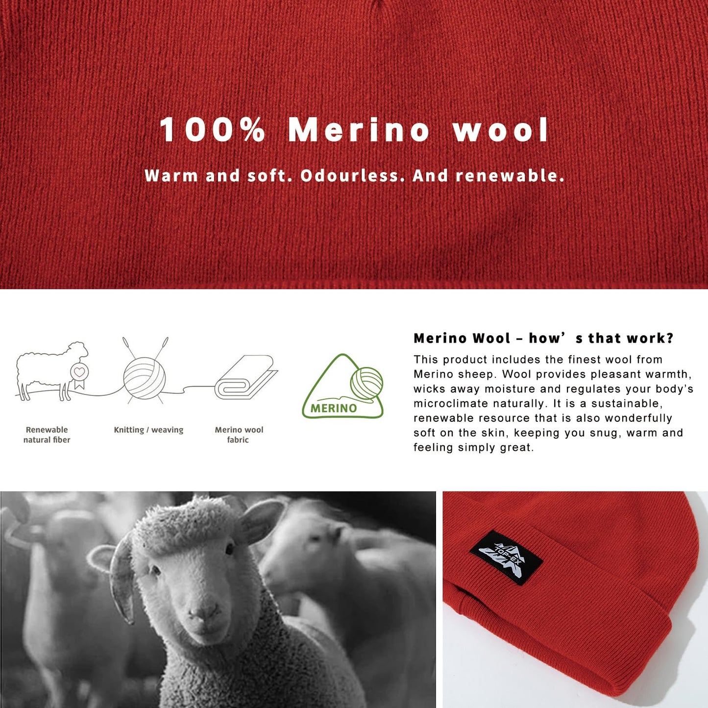 TOP-EX XXL 100% Merino Wool Beanie Hats for Men Women Winter Warm Polar Fleece Lined Beanies for Cold Weather Ski Running Hunting Walking Red XL/XXL
