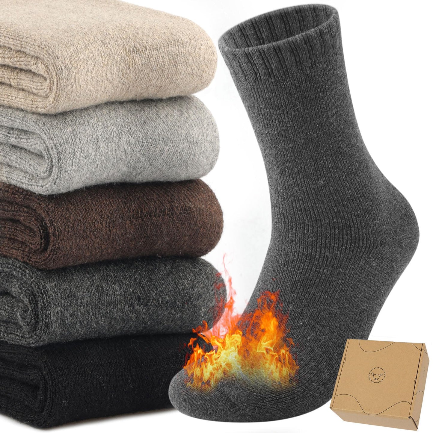 Toes Home Mens Socks for Winter, Warm Crew Wool Thermal Thick Hiking Boot Socks for Valentines Day Cozy Soft Heated for Cold Weather 5 Pairs Black