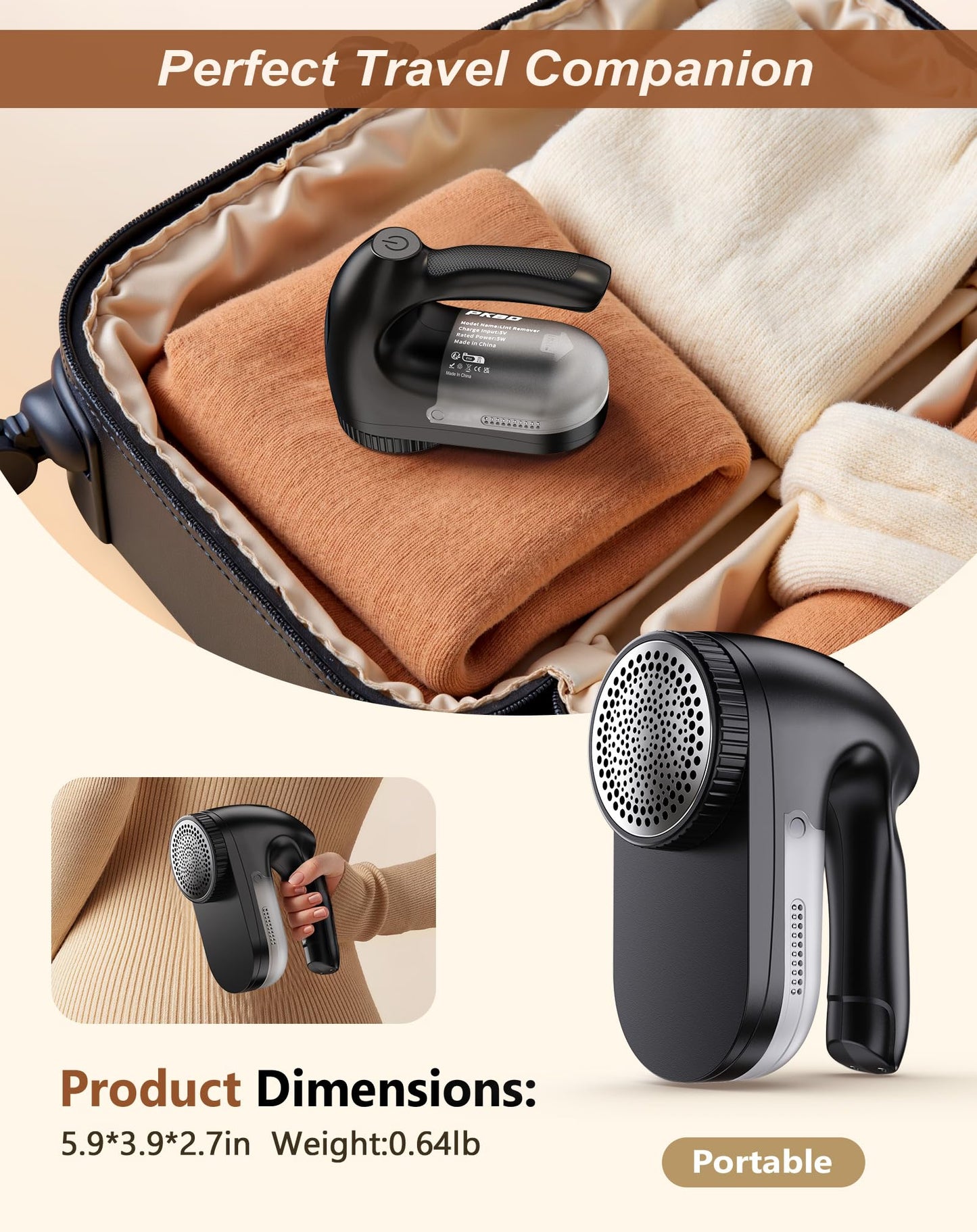 PKBD IPX6 Waterproof Washable Electric Fabric Shaver and Lint Remover, Rechargeable Sweater Defuzzer with 3 Free Extra Blades, Quickly and Effectively Remove Fluff,Fuzz,Bobbles for Clothes, Dark Black