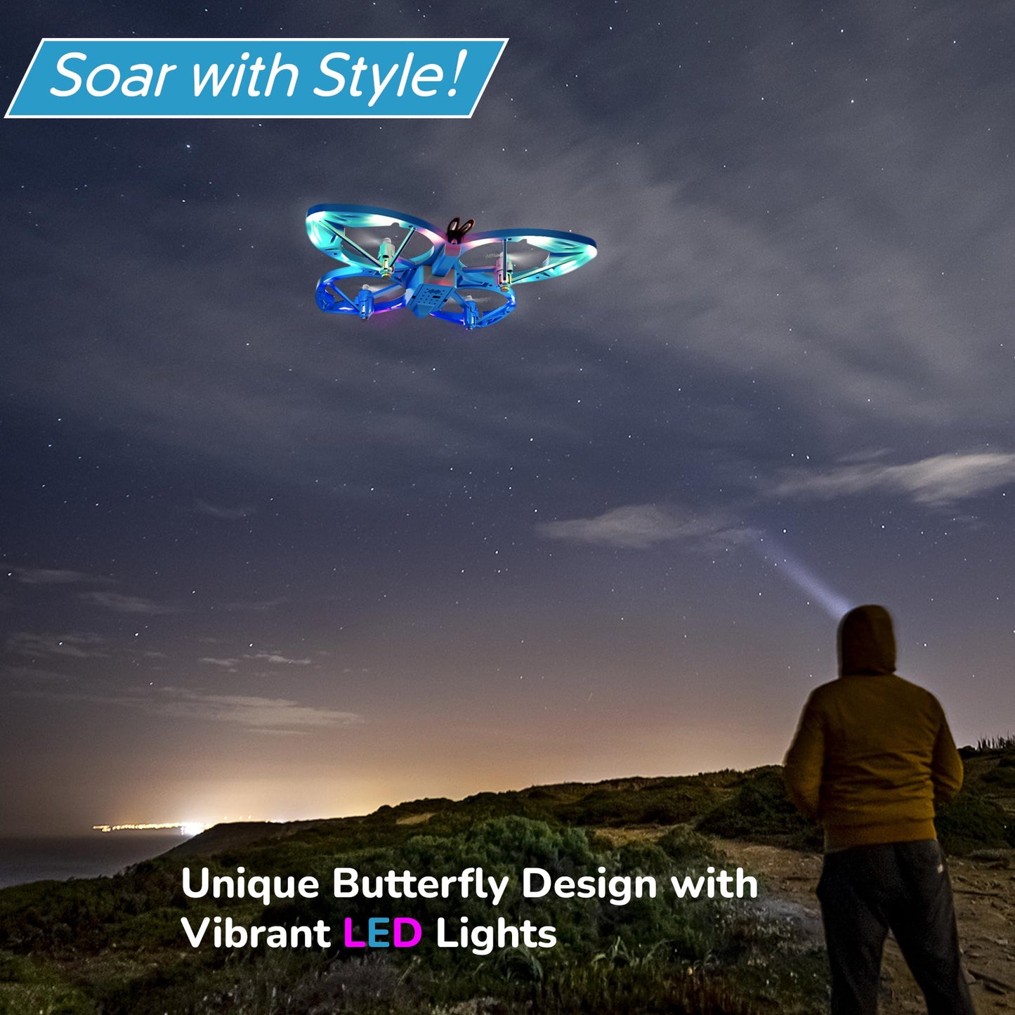 Contixo TD2 Kids Mini Drone – Beginner RC Butterfly Drones with LED Lights, One-Button Takeoff and Landing, 3D Flip, Headless Mode, Altitude Hold, 3 Speeds, 2 Batteries, Toy for Boys and Girls-Blue