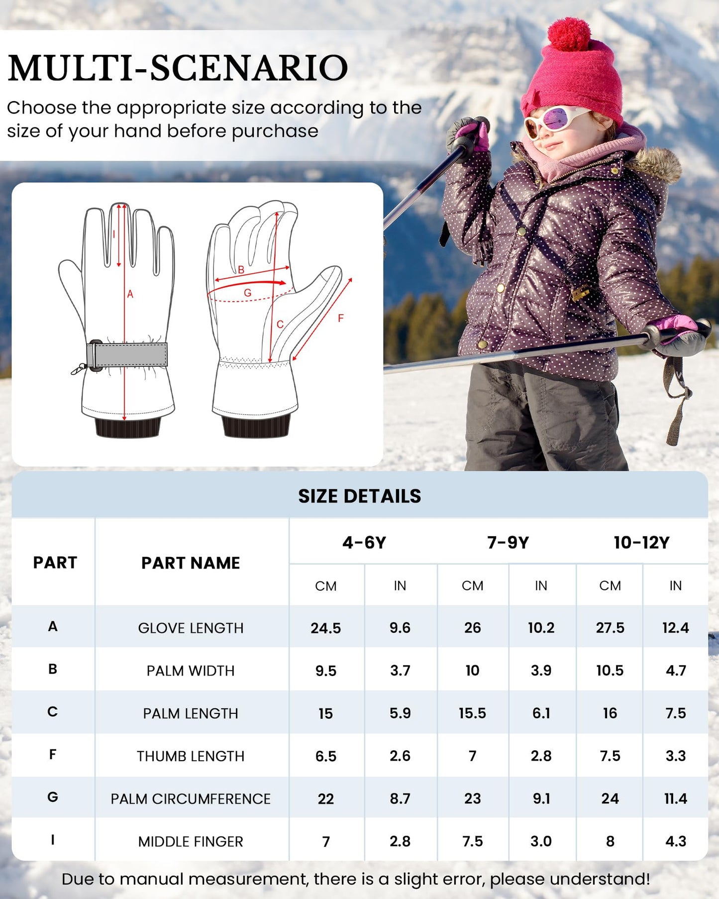 Caracaleap Snow Gloves for Kids 8-12, Kids Snow Ski Gloves Waterproof Thinsulate Warm Winter Gloves for Boys Girls 6-8 Black 10-12Y Hot Pink 10-12Y