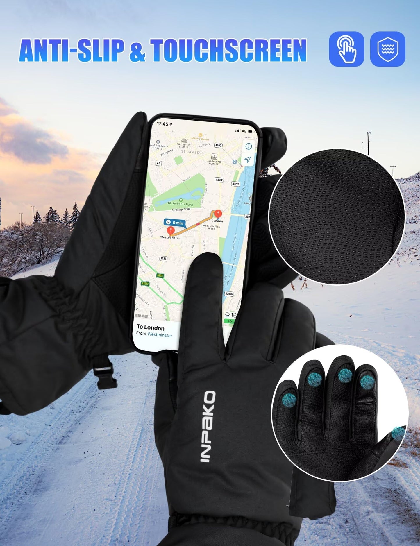 INPAKO Ski Gloves Men & Women -10℉ Waterproof 3M Thinsulate Winter Touchscreen Snow Gloves for Snowboarding